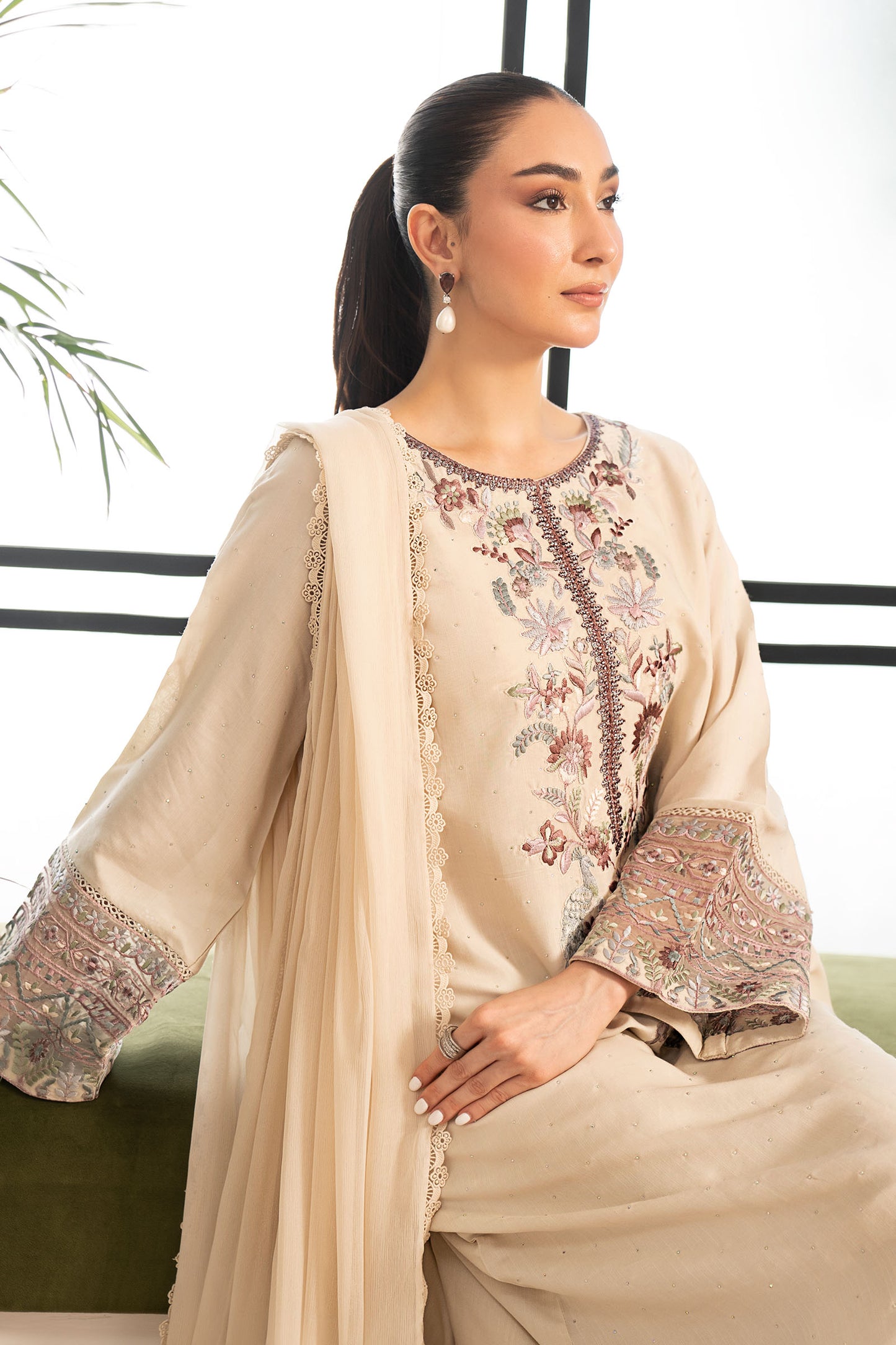 3 Piece Embroidered Raw Silk Suit