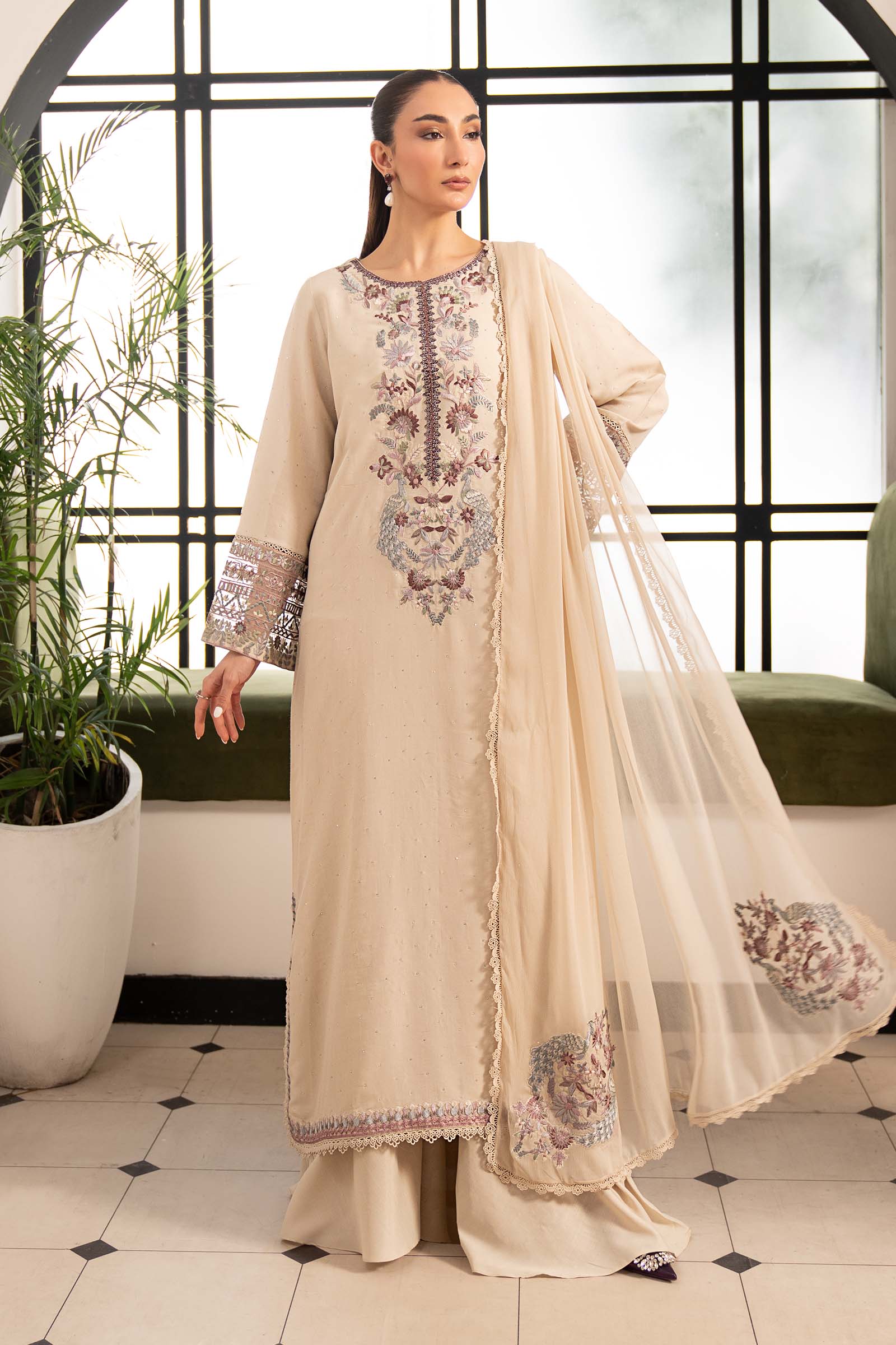 3 Piece Embroidered Raw Silk Suit