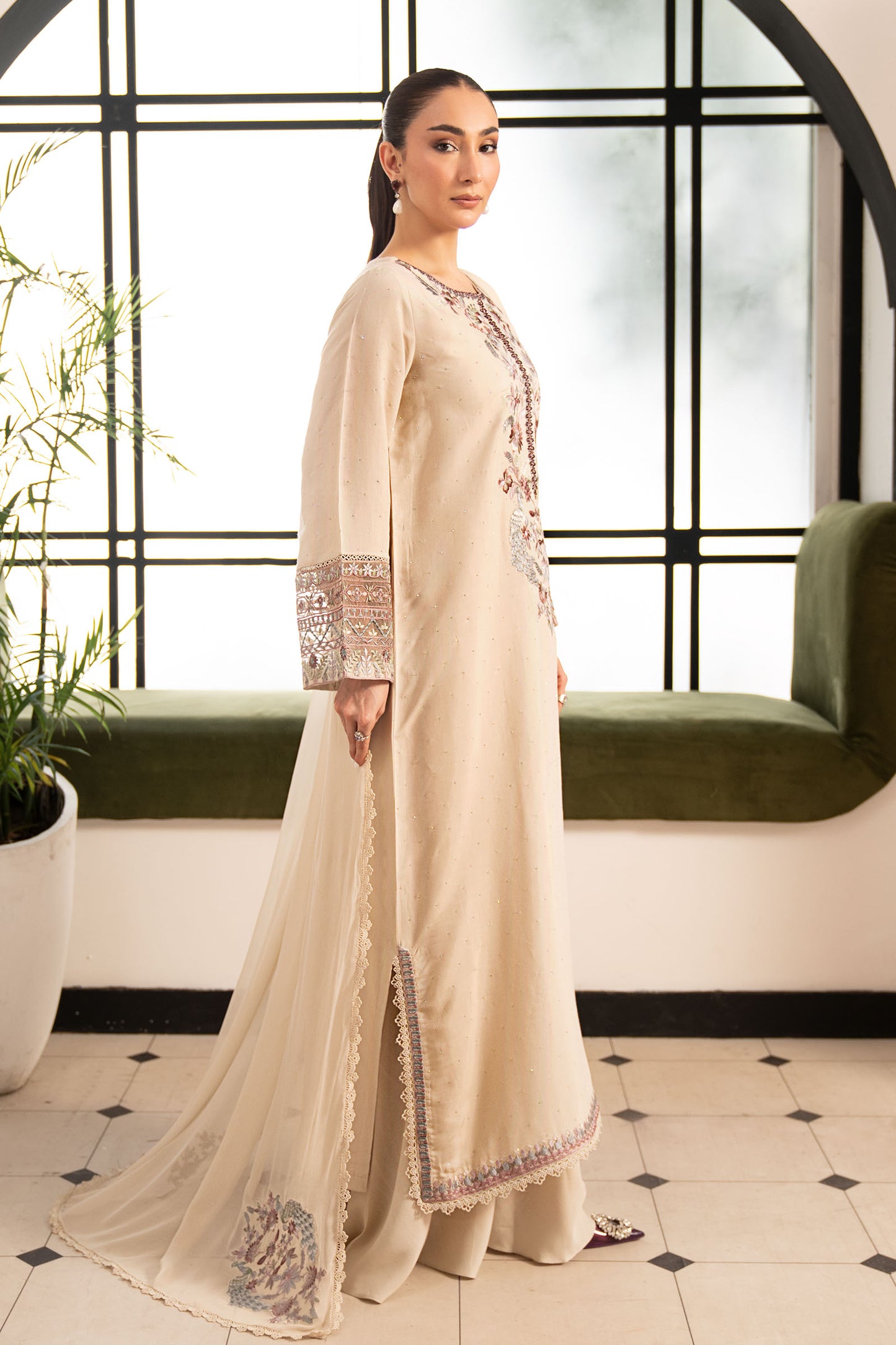 3 Piece Embroidered Raw Silk Suit