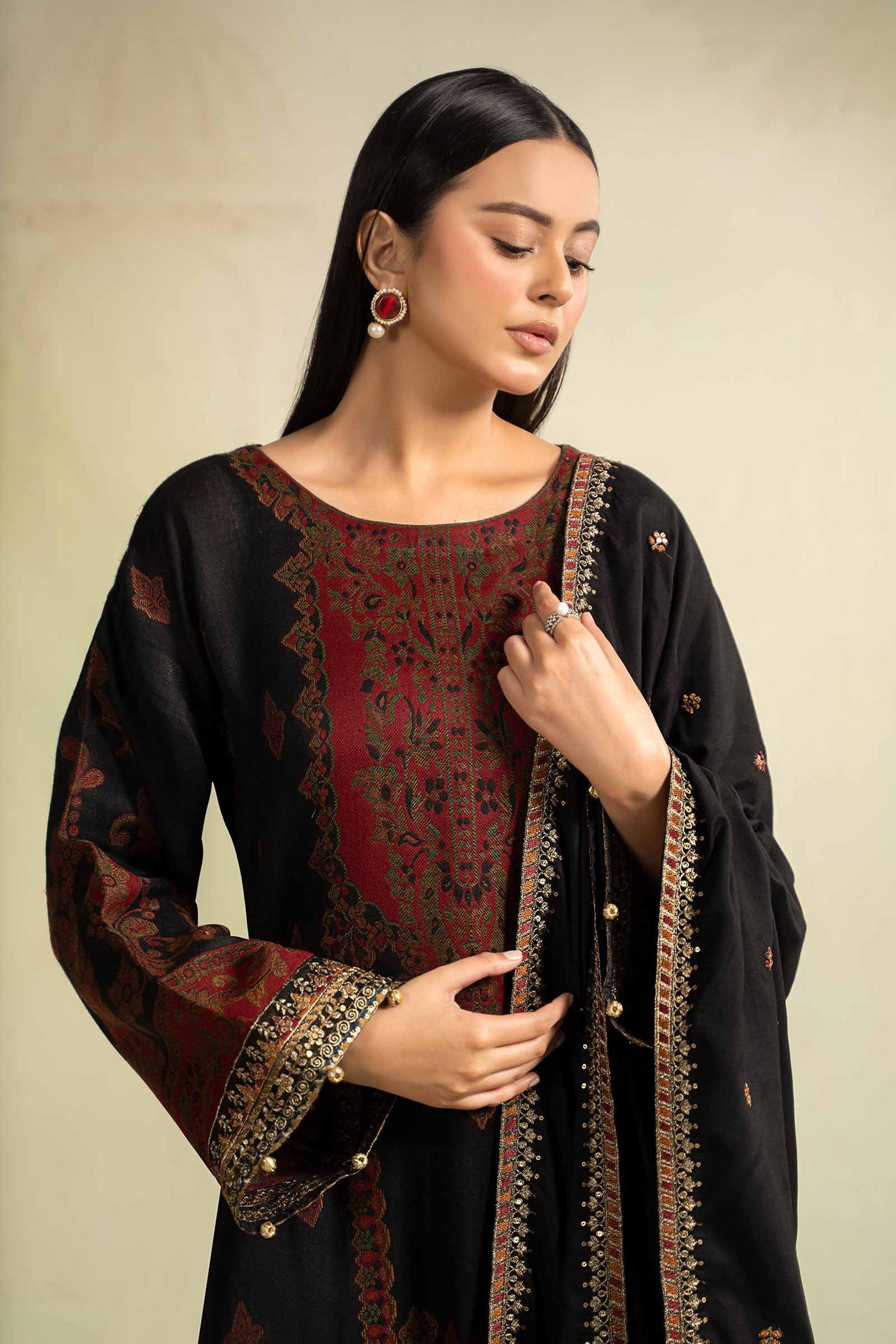 3 Piece Embroidered Woven Khadi Suit
