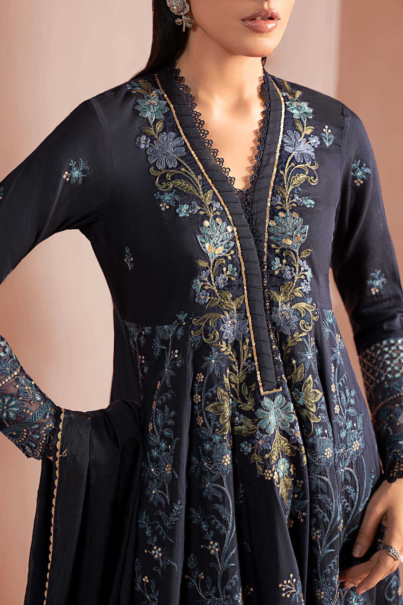 3 Piece Embroidered Staple Raw Silk Suit