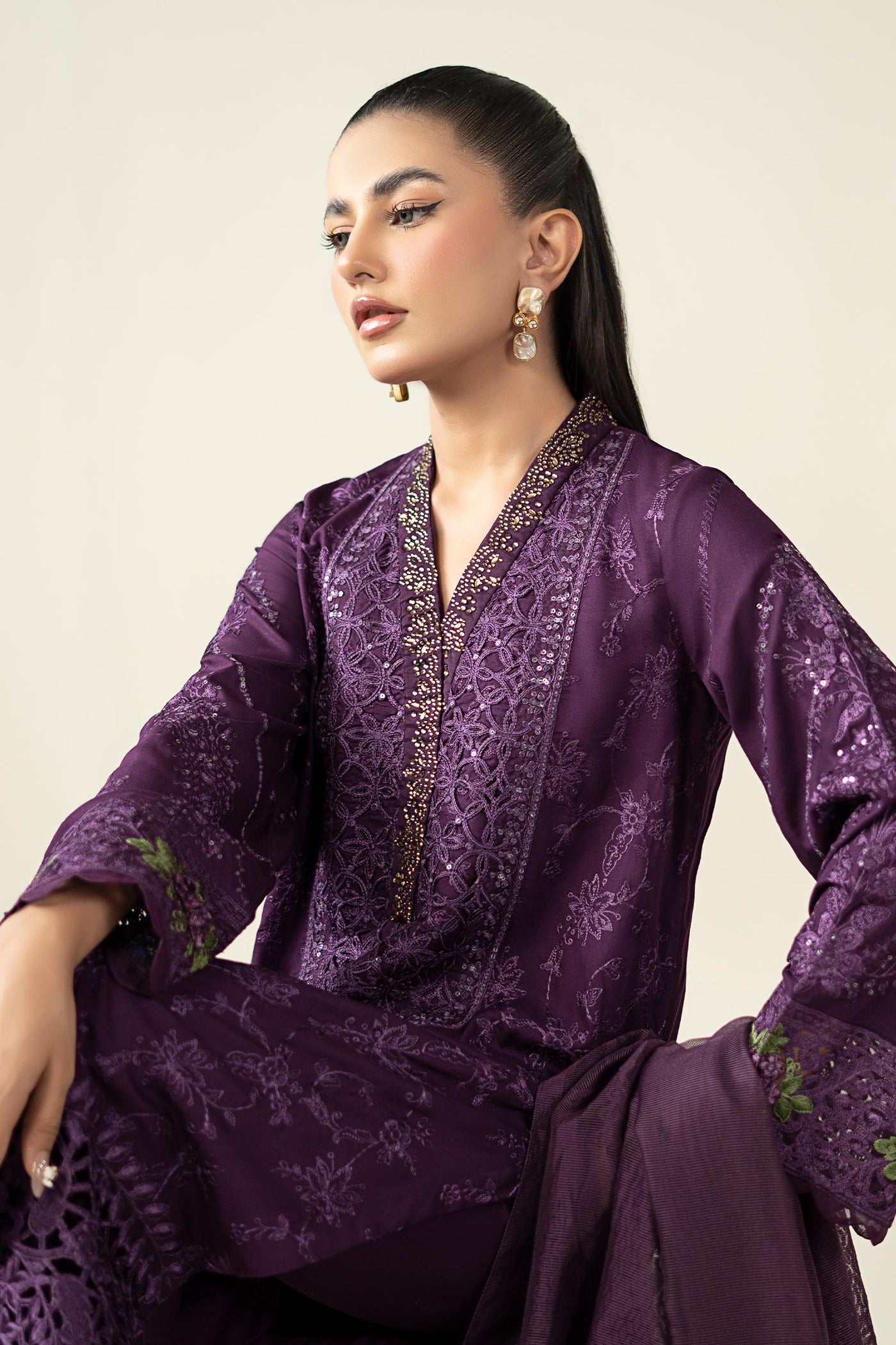 3 Piece Embroidered Linen Suit
