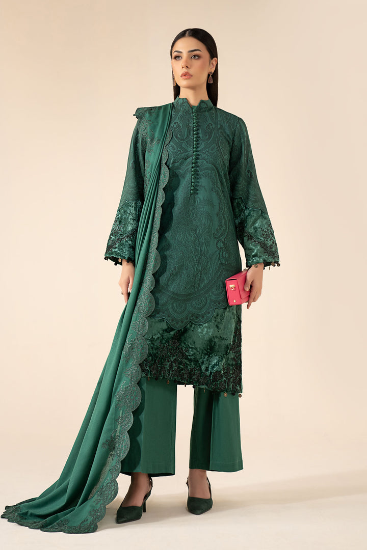 3 Piece Embroidered Cotton Jacquard Suit All Products DWW2575-ESM-GRN