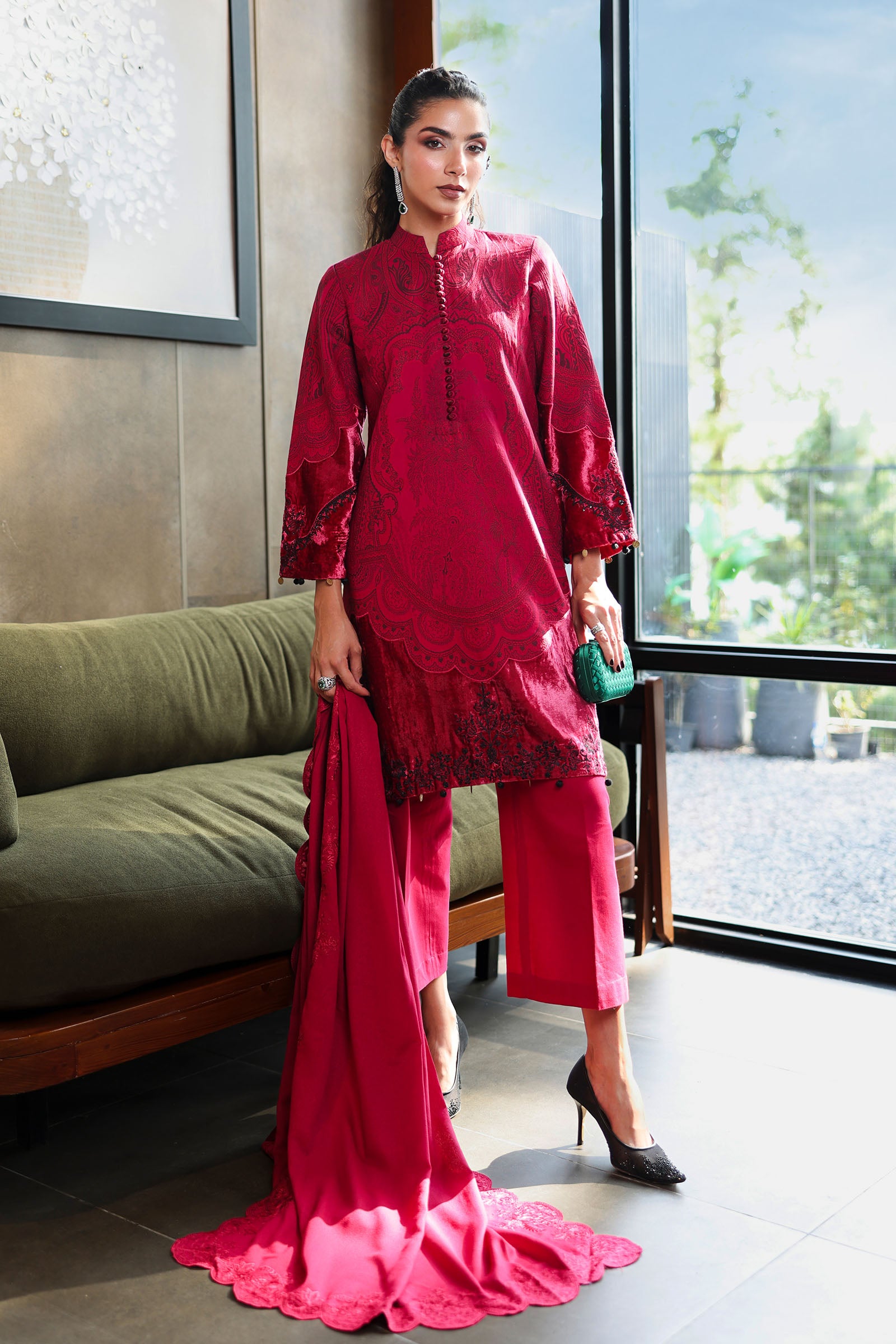 3 Piece Embroidered Cotton Jacquard Suit