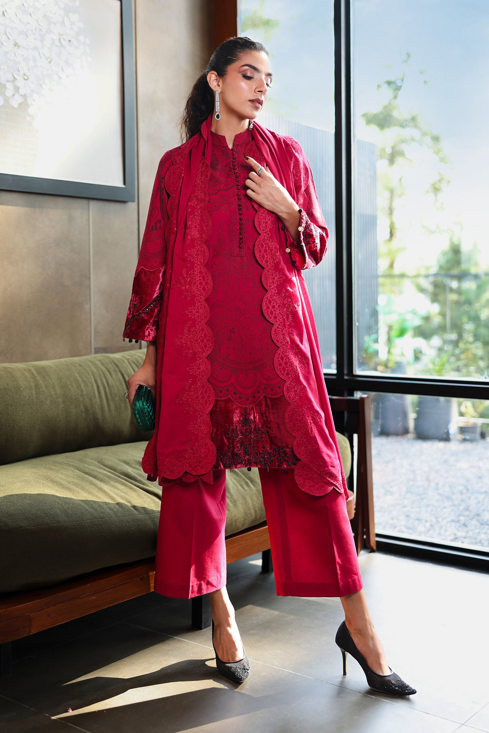 3 Piece Embroidered Cotton Jacquard Suit