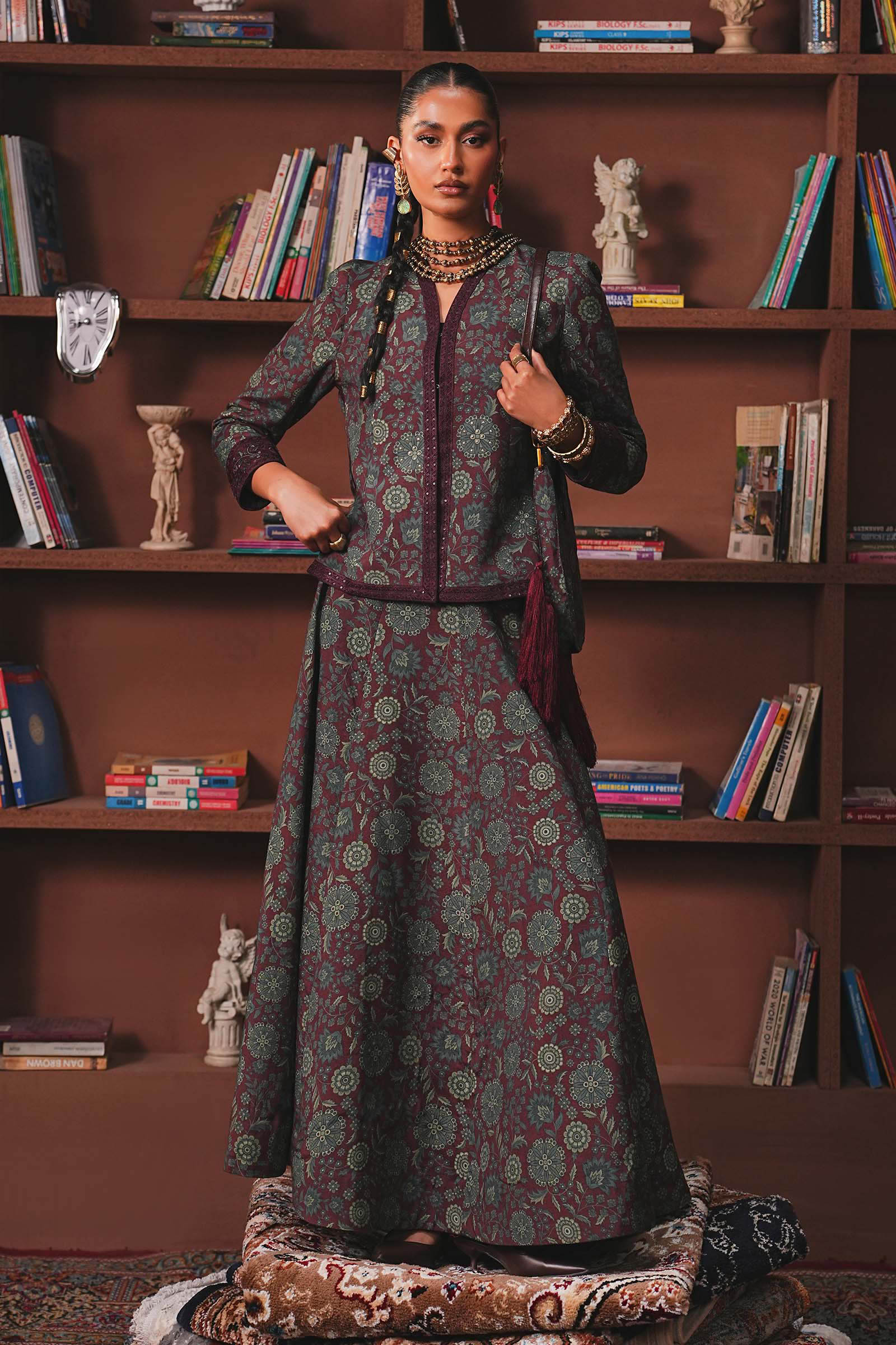 Embroidered Pk Raw Silk Skirt Set