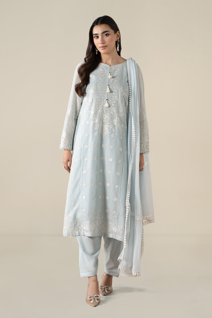 3 Piece Embroidered Paper Cotton Suit All Products DWA2576-ESM-BLU