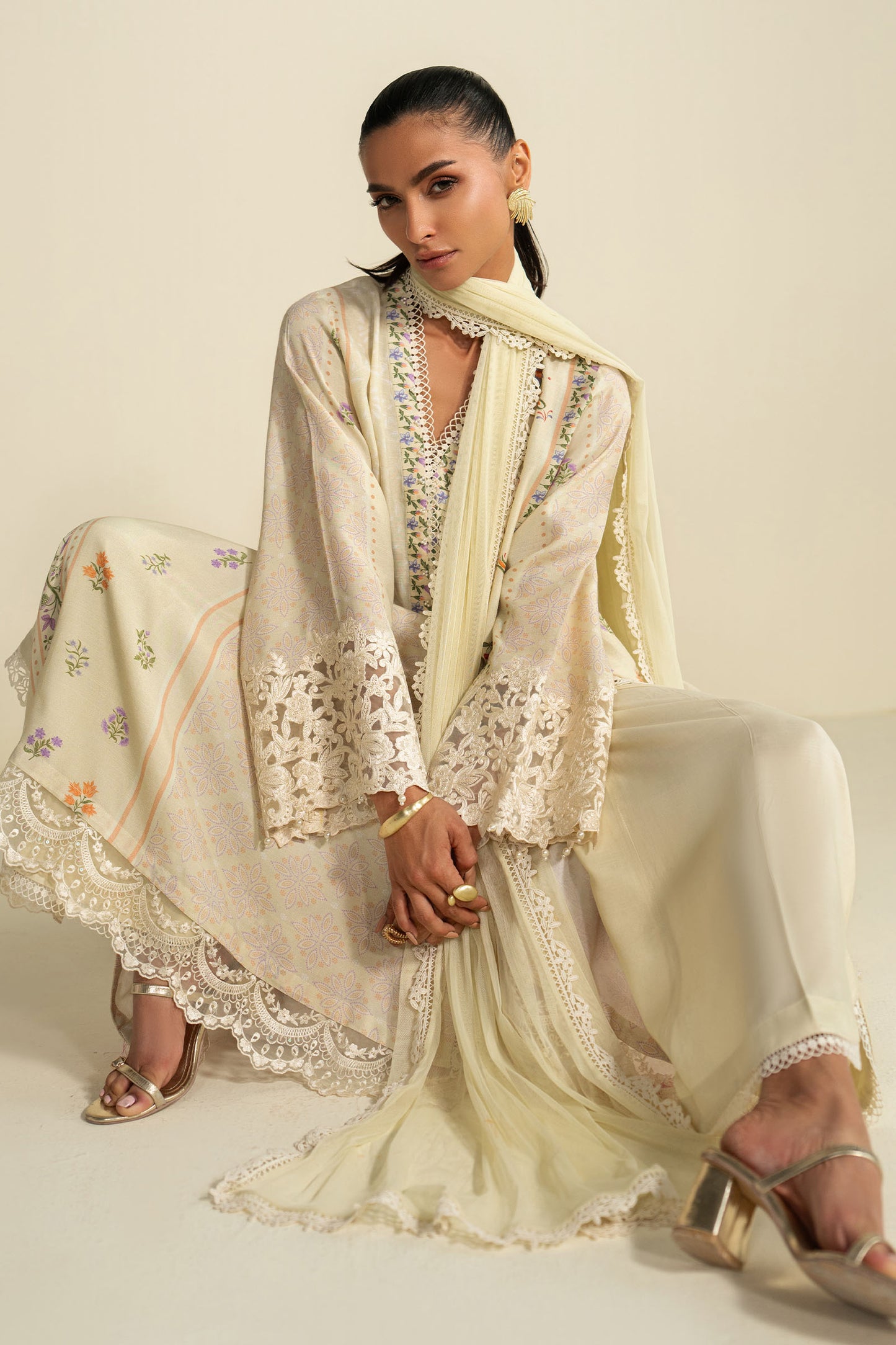 3 Piece Embroidered Raw Silk Suit