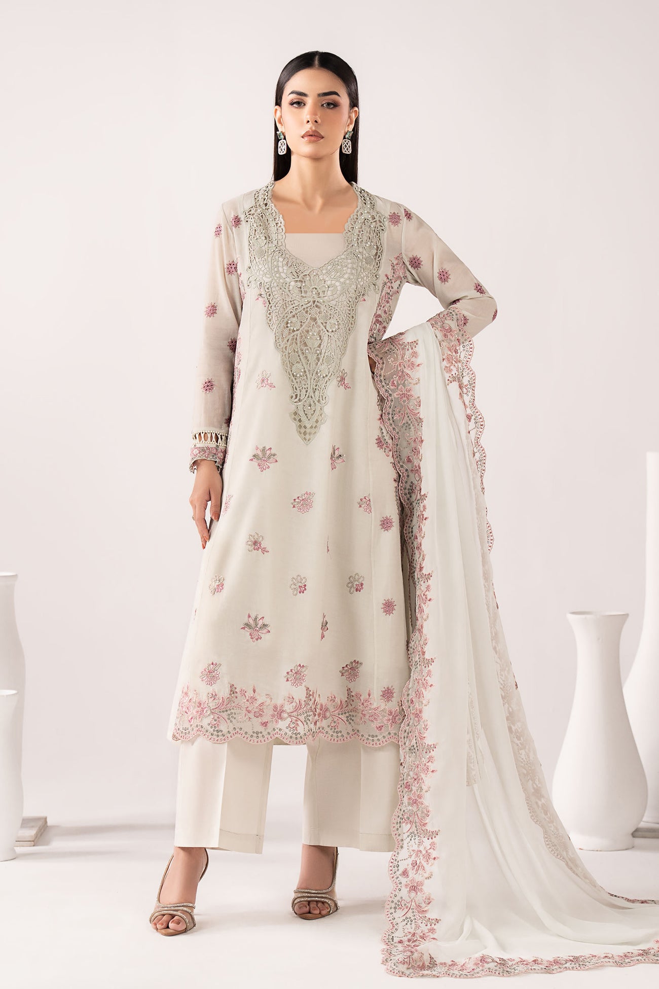 3 Piece Embroidered Paper Cotton Suit