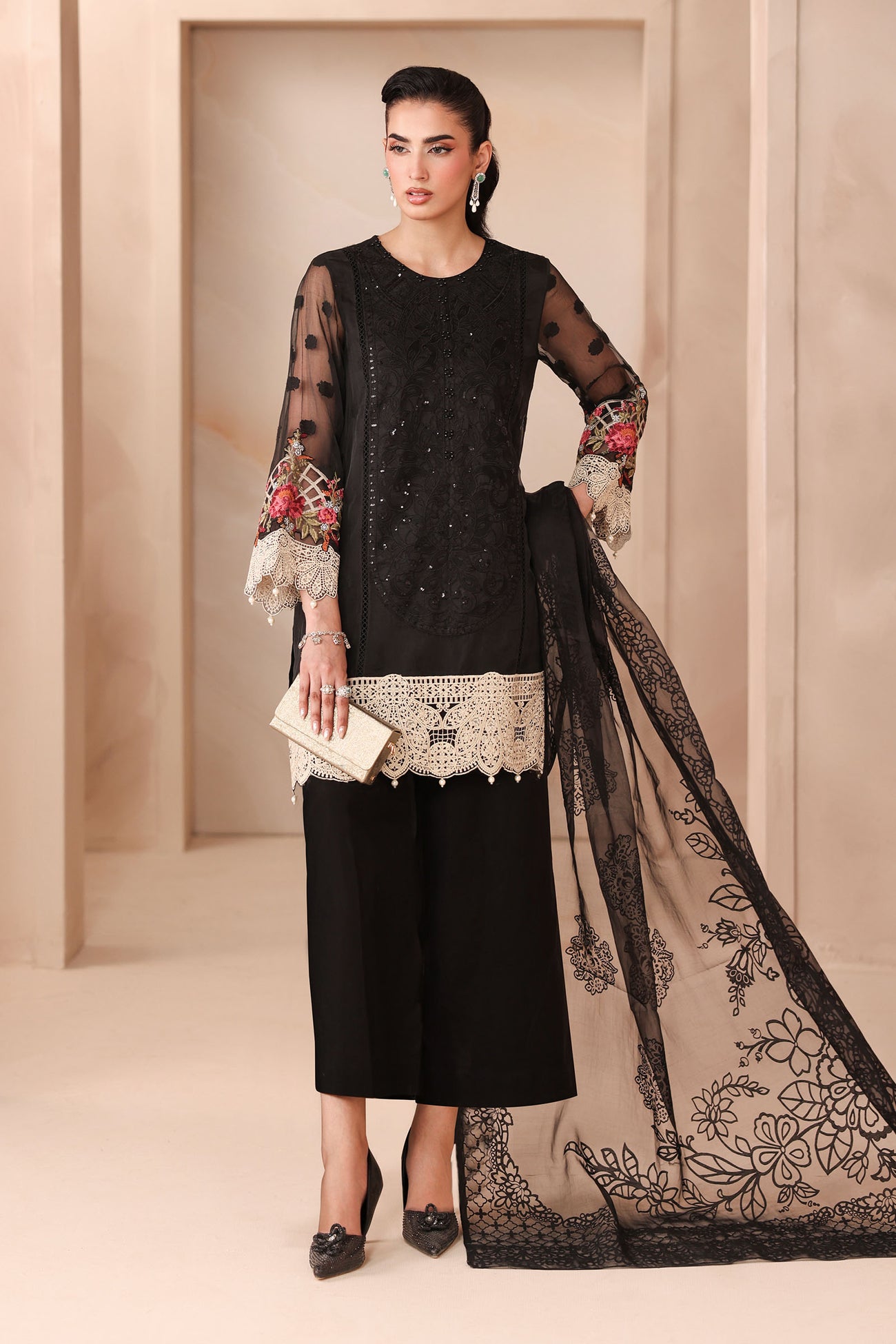3 Piece Embroidered Organza Jacquard Suit