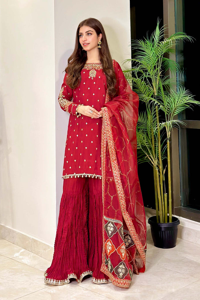 Maria B 3 Piece Embroidered Raw Silk Suit, view 1