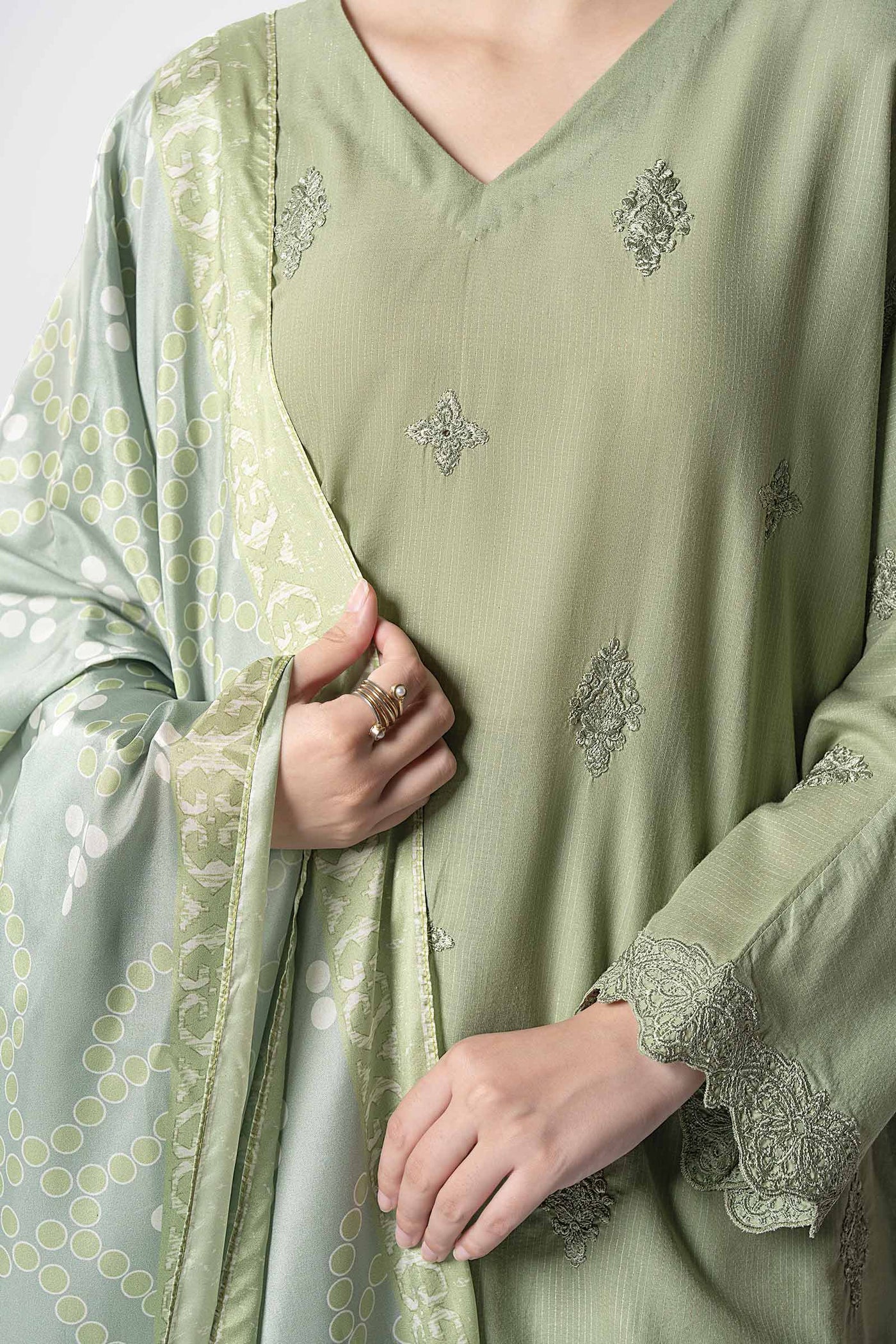 3 Pc Embroidered Lurex Stripe Suit
