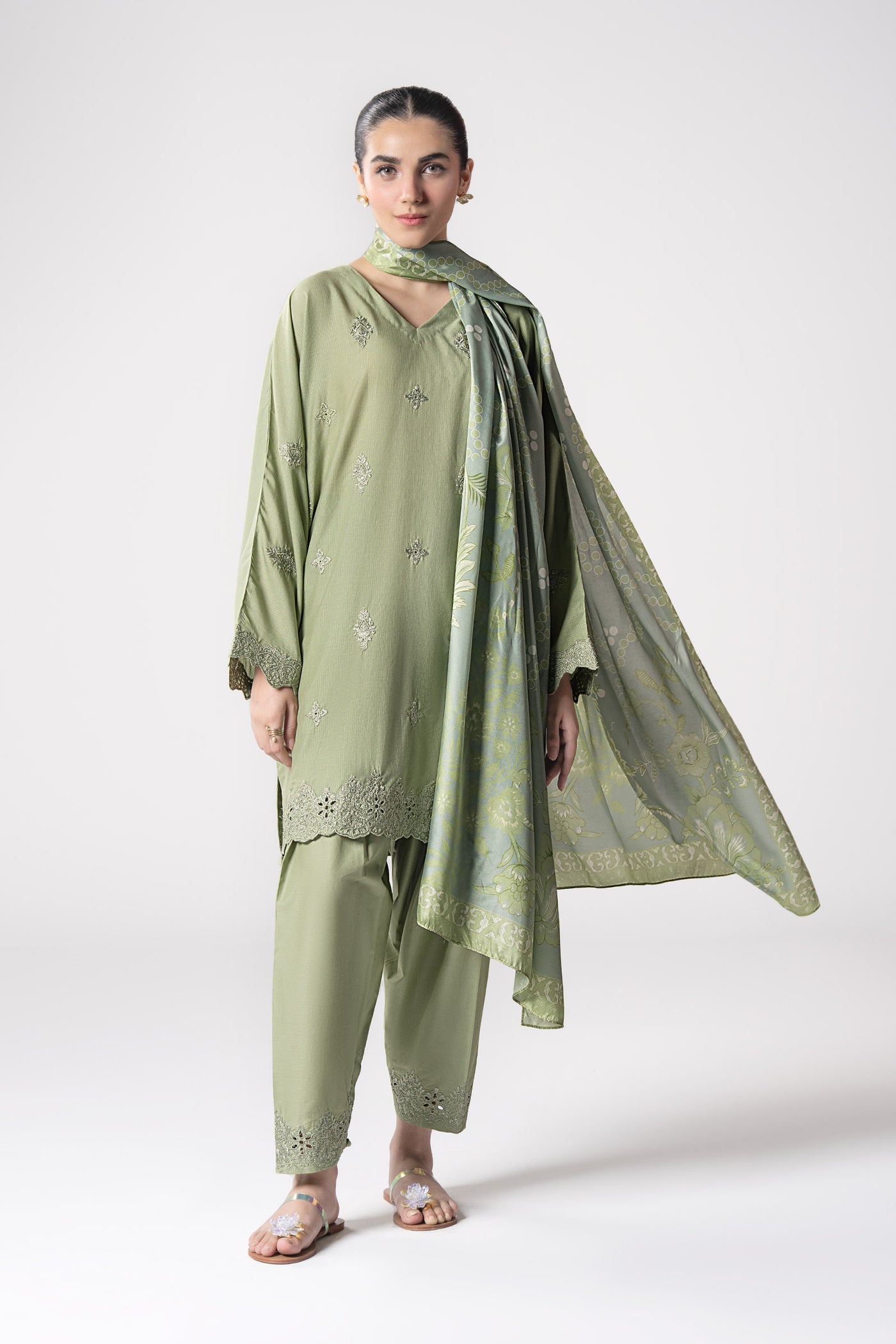 3 Pc Embroidered Lurex Stripe Suit