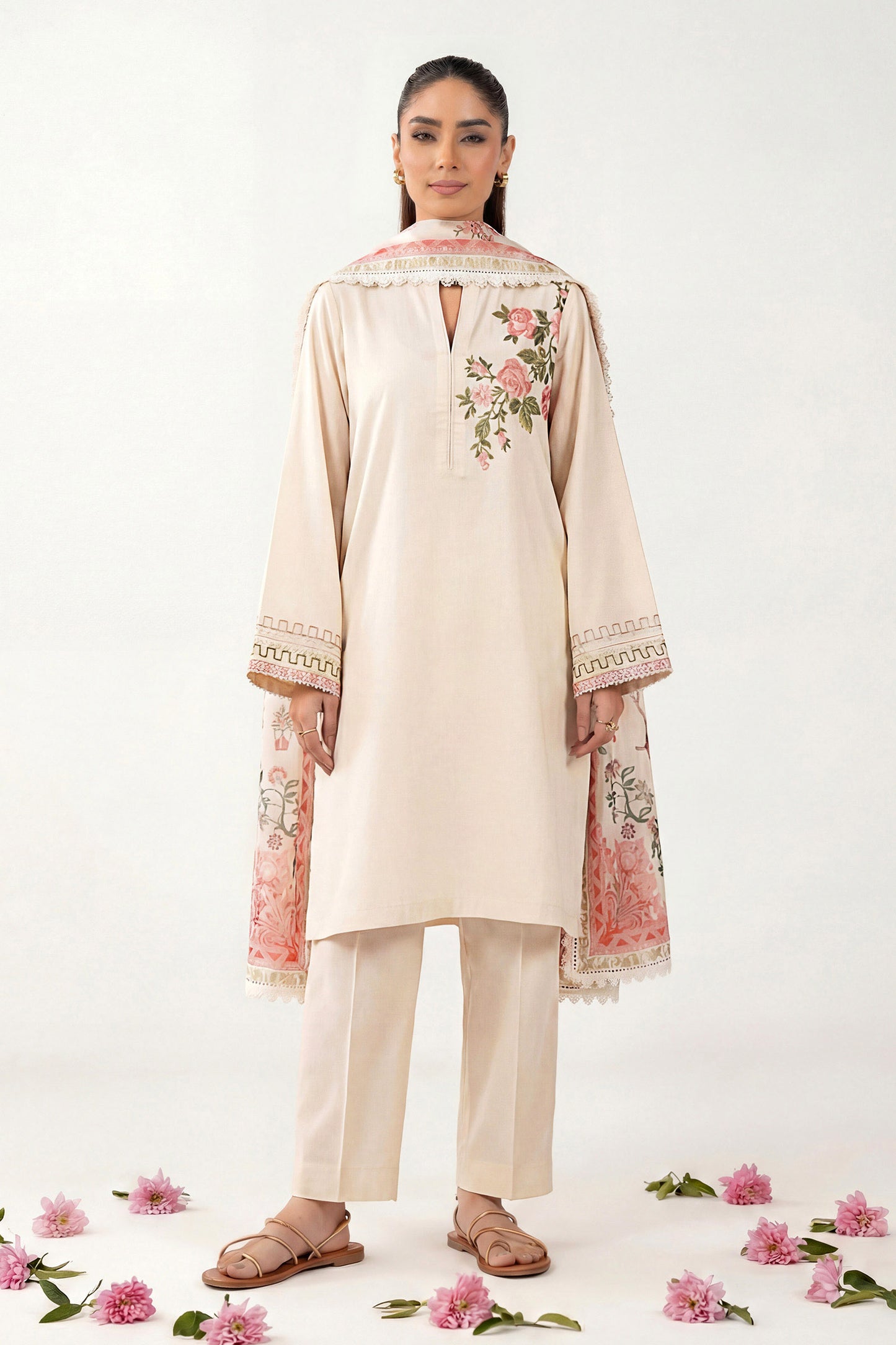 2 Pc Embroidered Textured Cotton Suit
