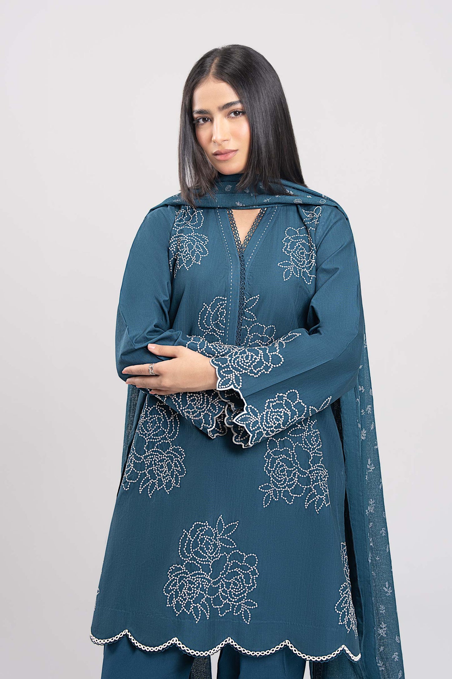 2 Pc Embroidered Textured Cotton Suit