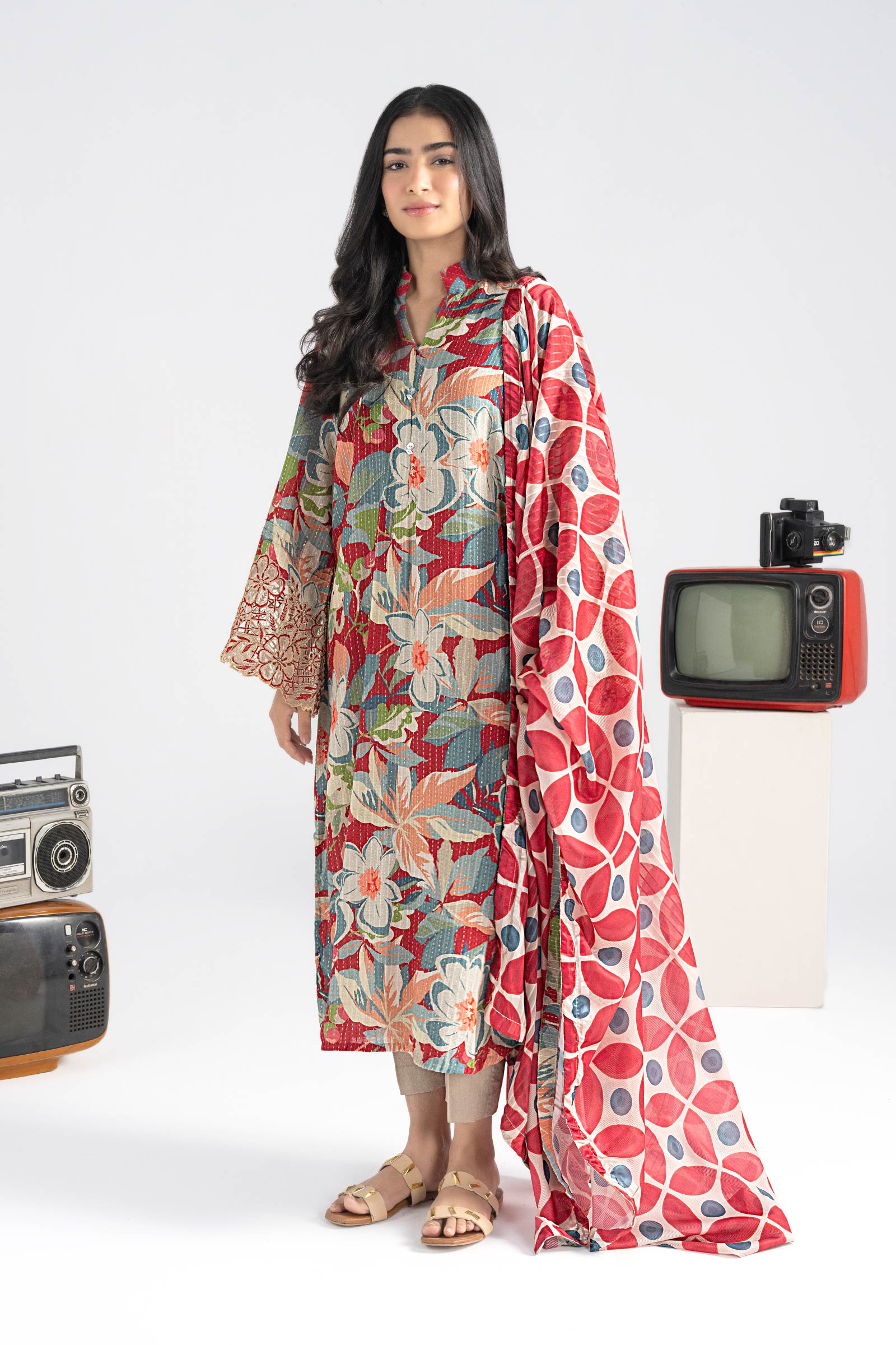 2 Pc Embroidered Lurex Cotton Suit