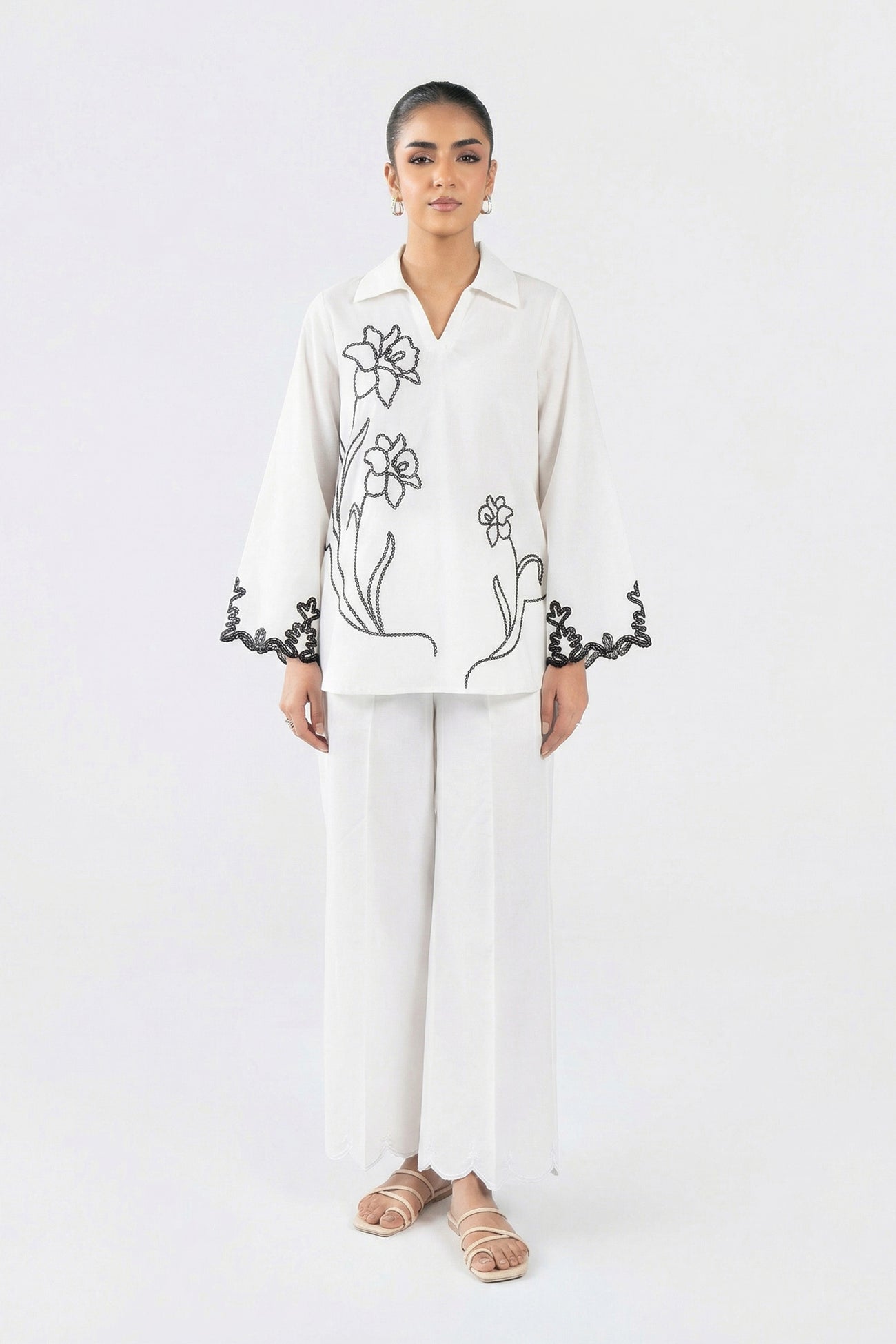 Embroidered Slub Lawn Shirt
