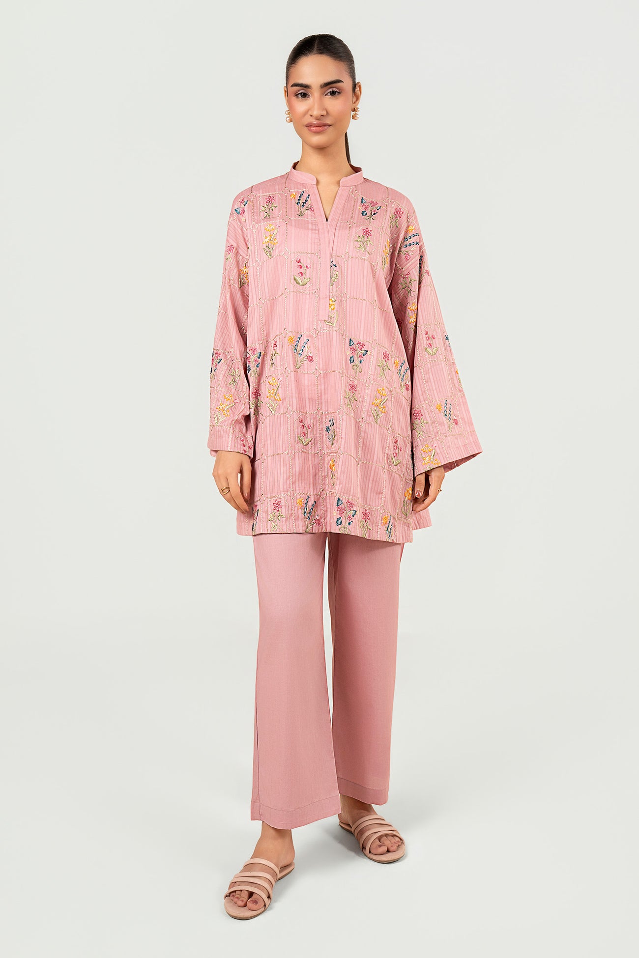 2 Pc Embroidered Cotton Stripe Suit