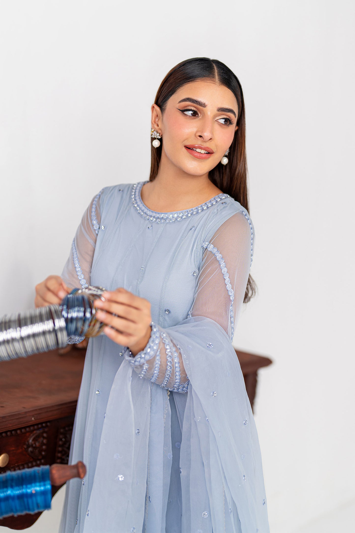 3 Piece Embroidered Poly Net Suit