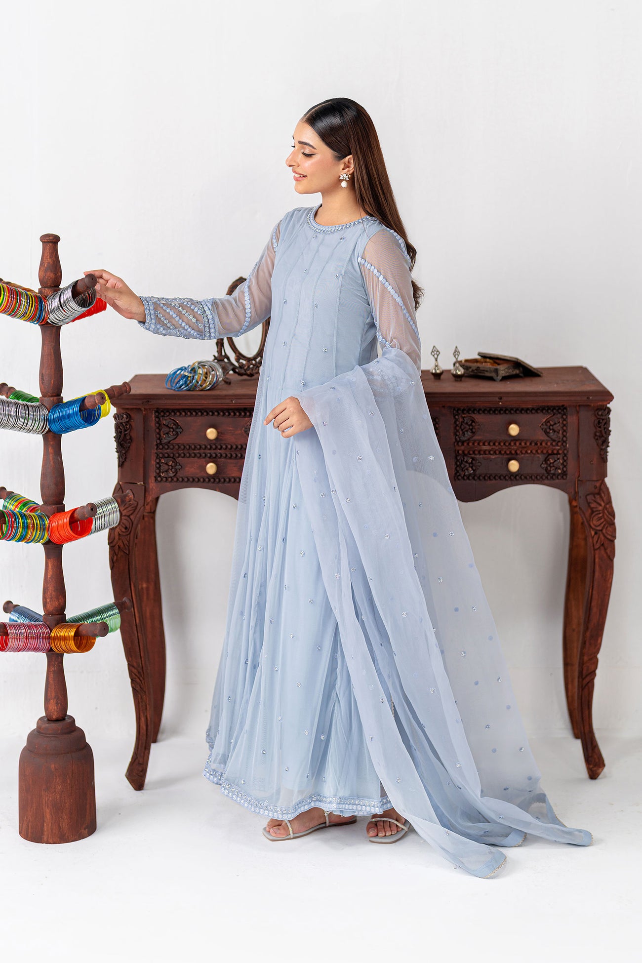 3 Piece Embroidered Poly Net Suit