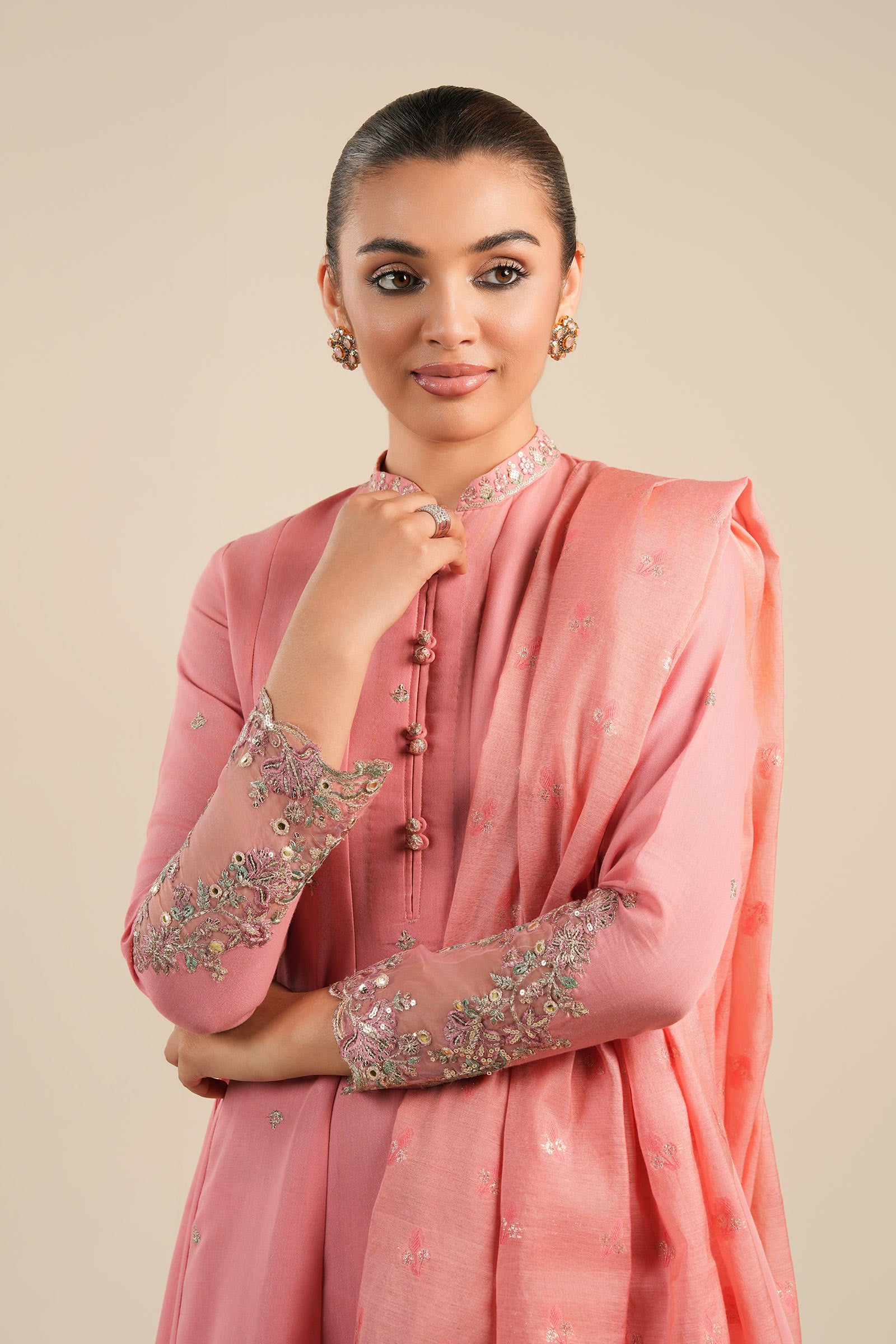 2 Pc Embroidered Shimmer Silk Suit