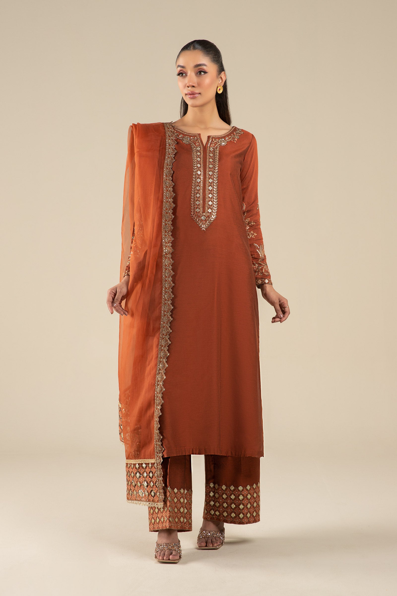 3 Pc Embroidered Two Tone Silk Suit