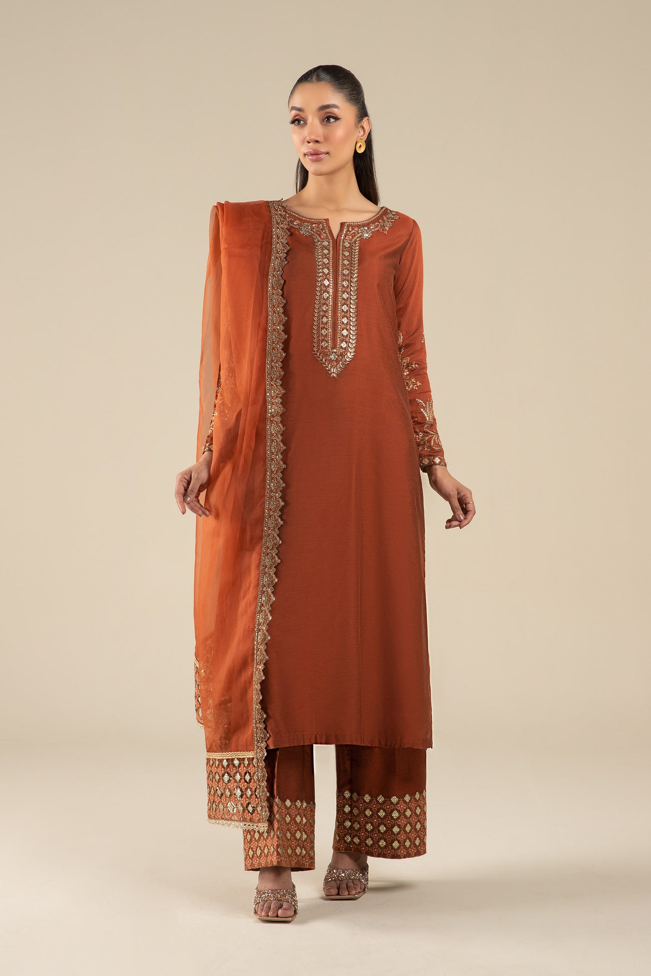 3 Pc Embroidered Two Tone Silk Suit