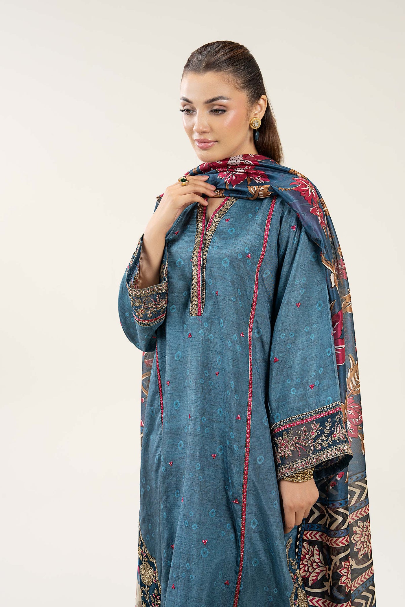 3 Pc Embroidered Raw Silk Suit