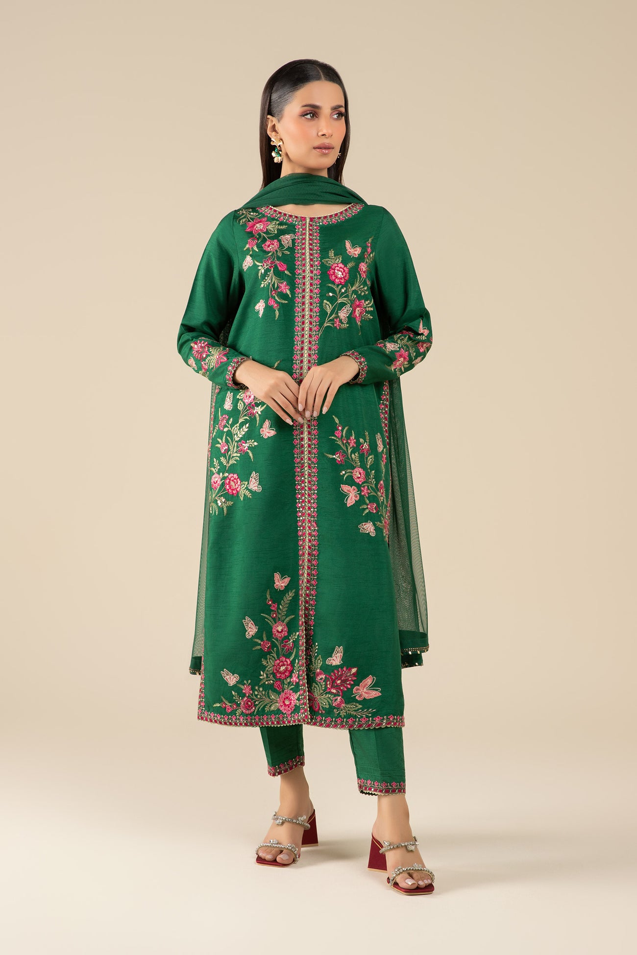 3 Pc Embroidered Raw Silk Suit