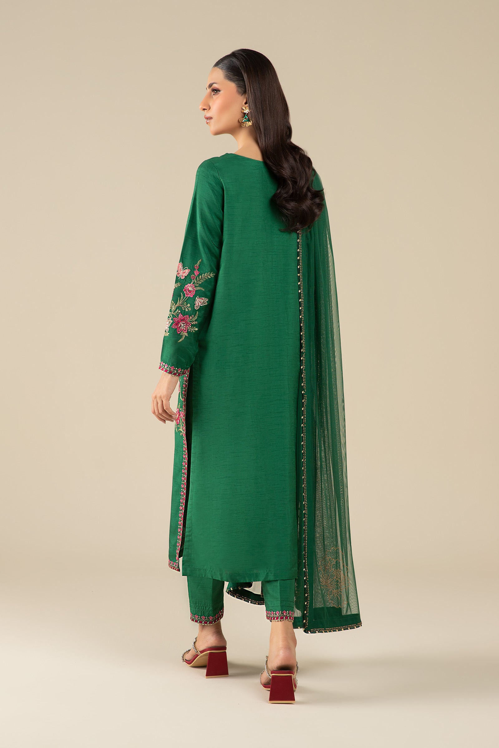 3 Pc Embroidered Raw Silk Suit