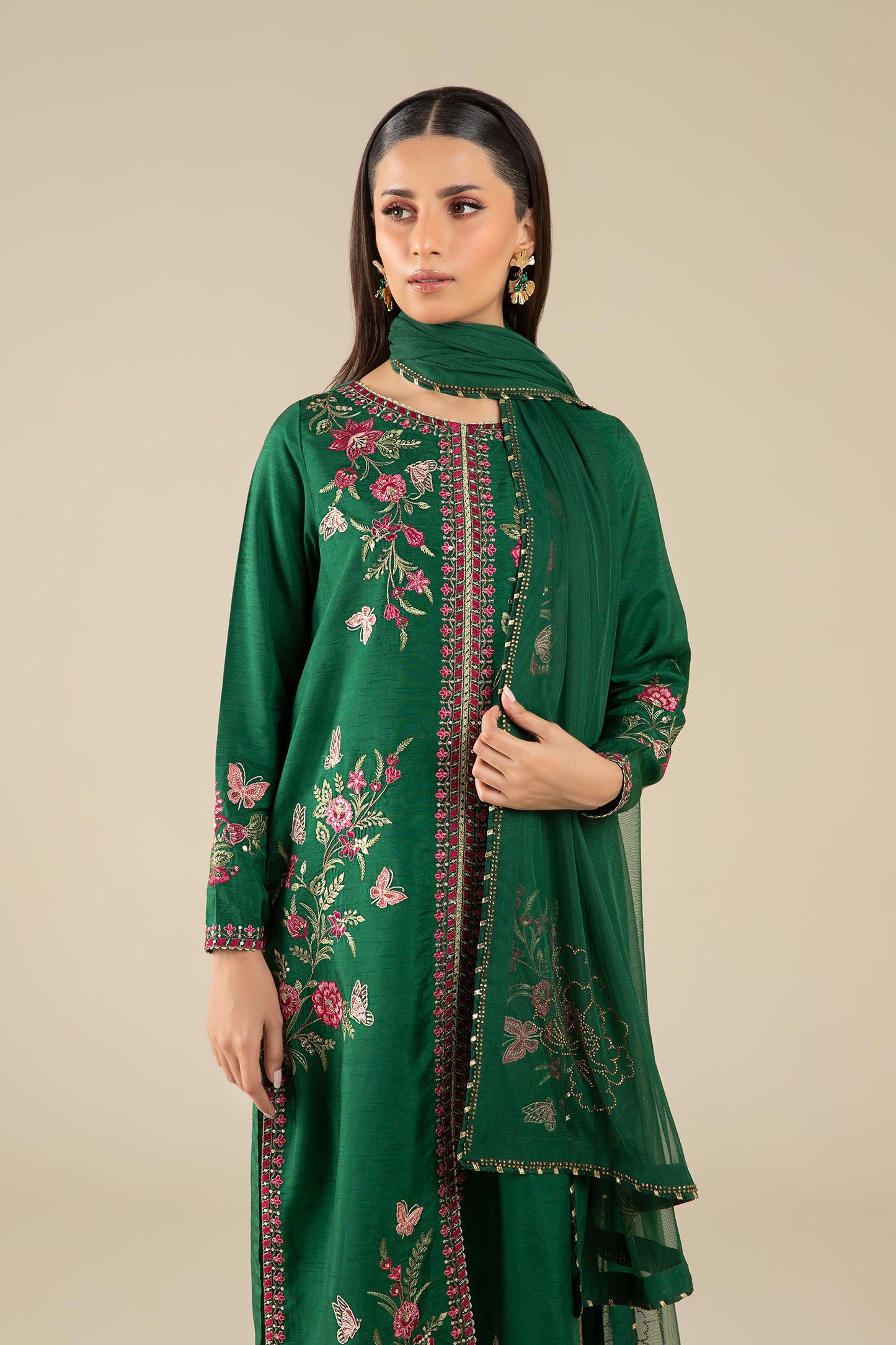 3 Pc Embroidered Raw Silk Suit