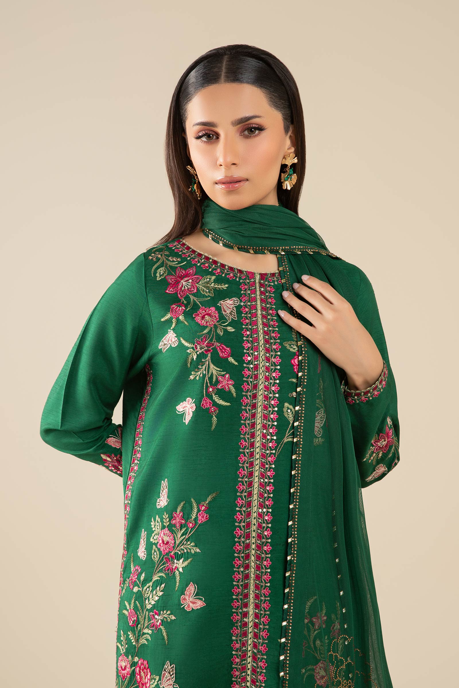 3 Pc Embroidered Raw Silk Suit