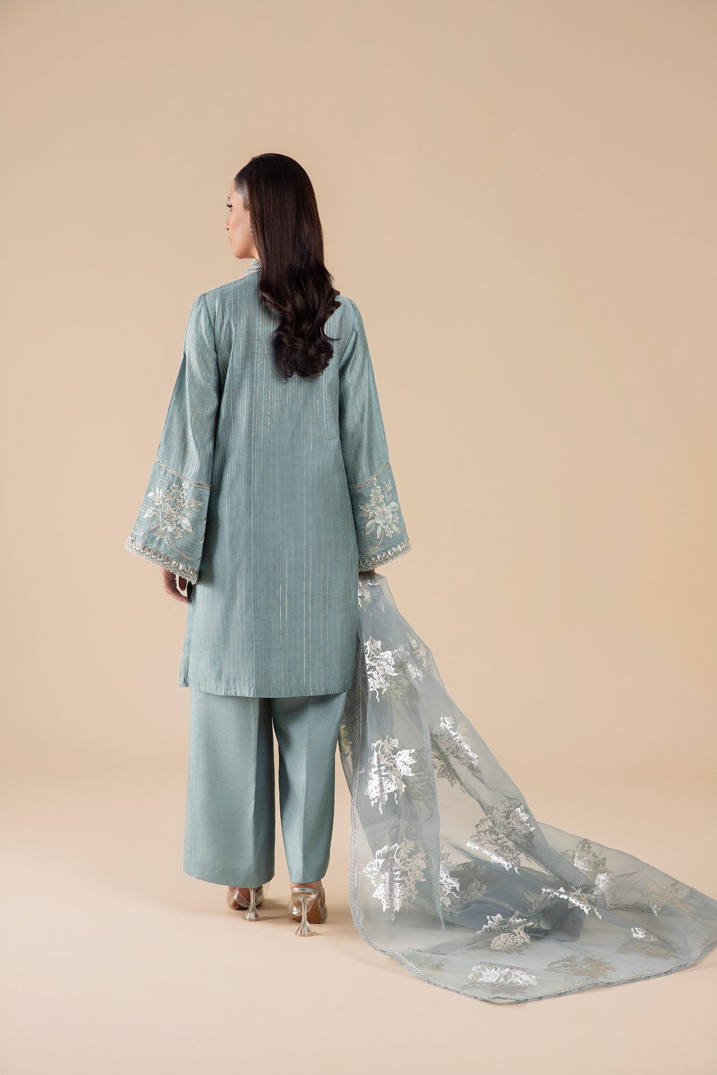 3 Pc Embroidered Two Tone Lurex Silk Suit