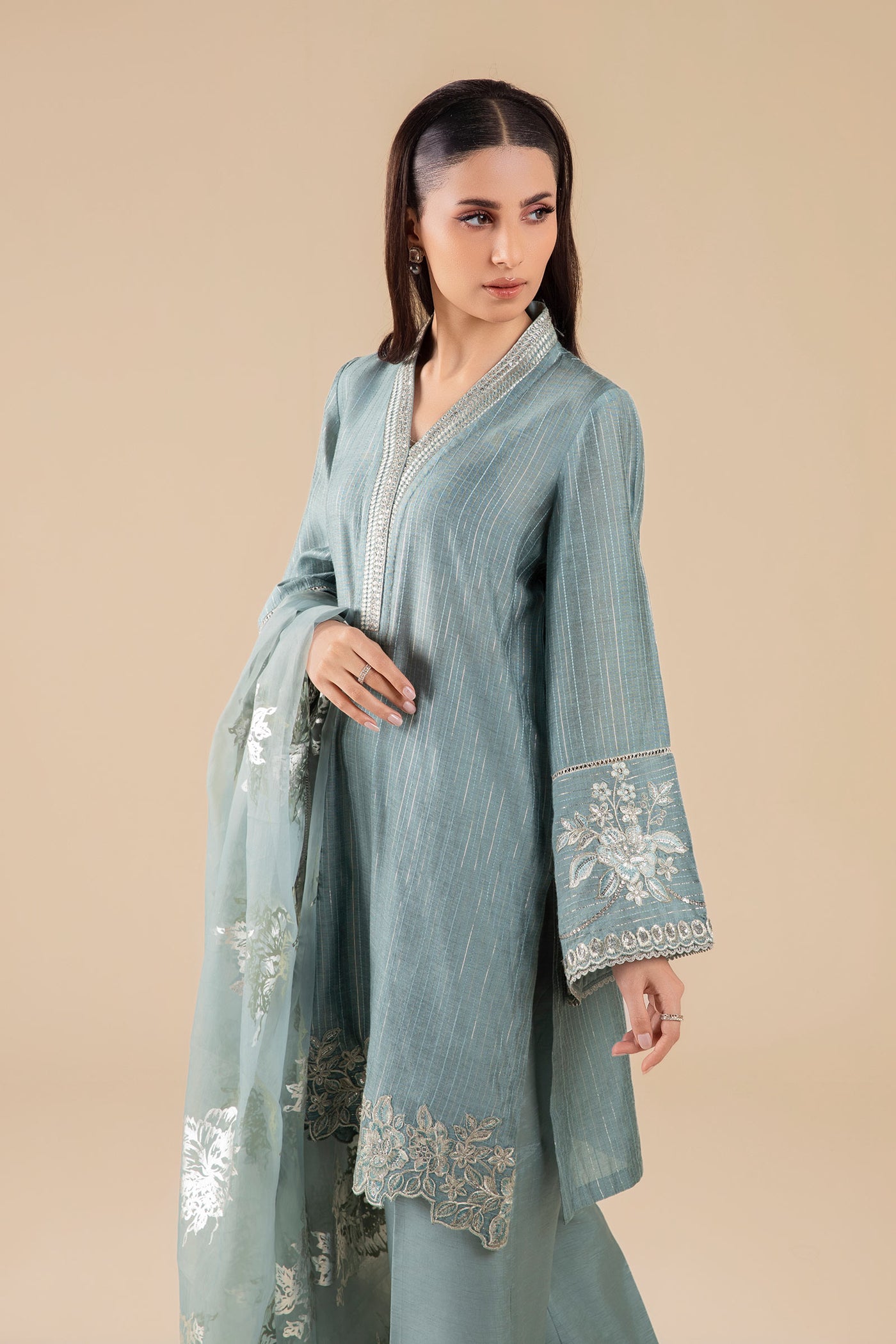 3 Pc Embroidered Two Tone Lurex Silk Suit