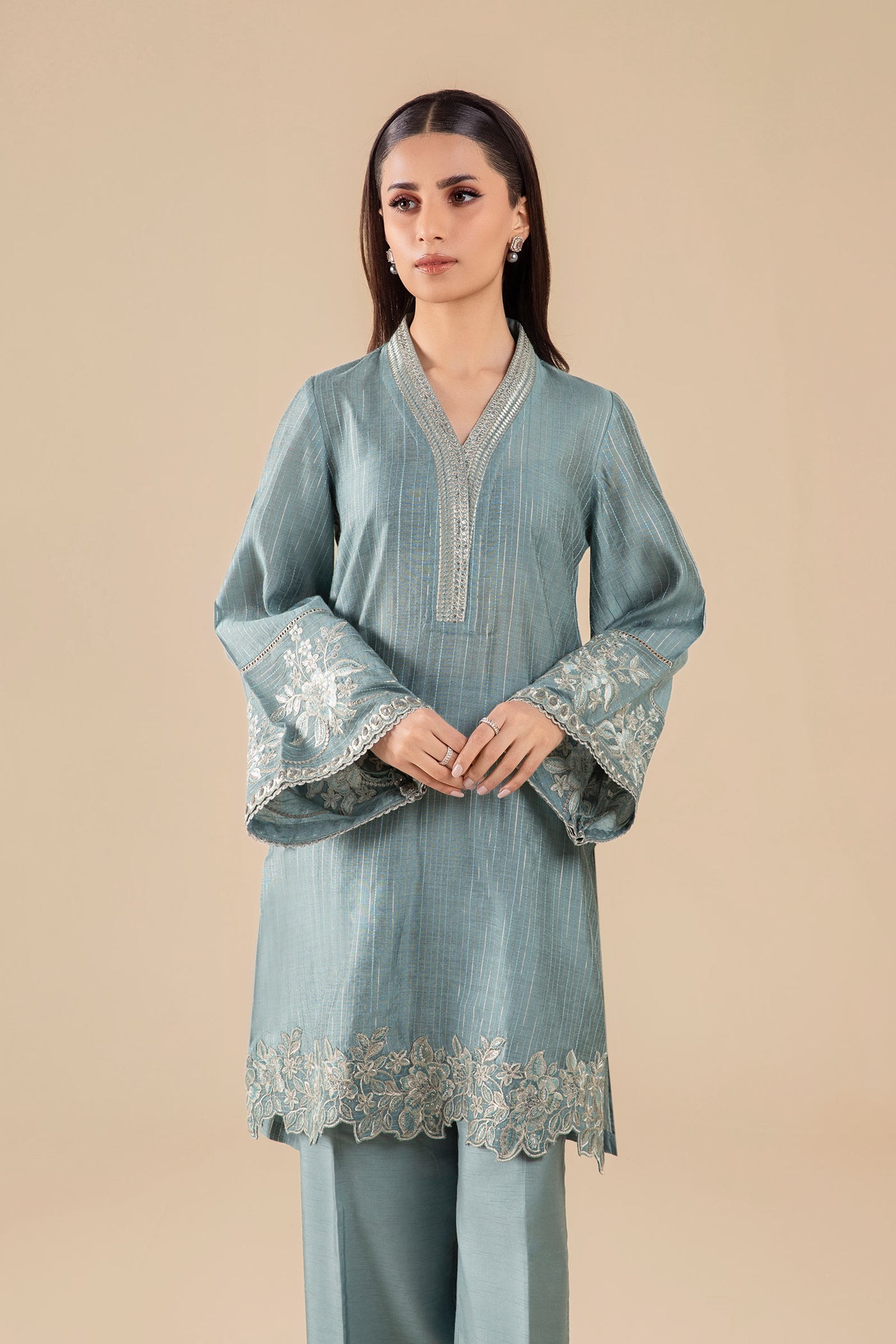 3 Pc Embroidered Two Tone Lurex Silk Suit