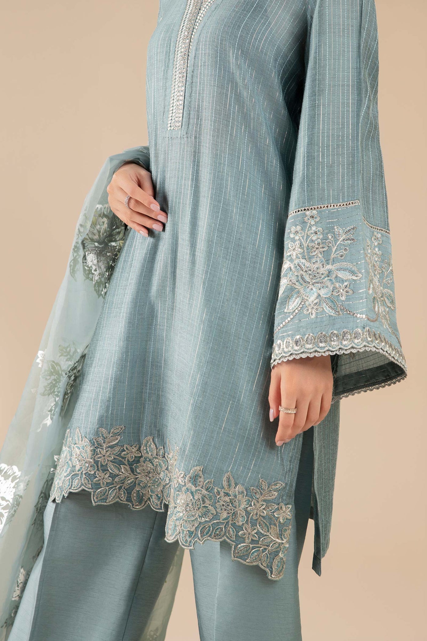 3 Pc Embroidered Two Tone Lurex Silk Suit