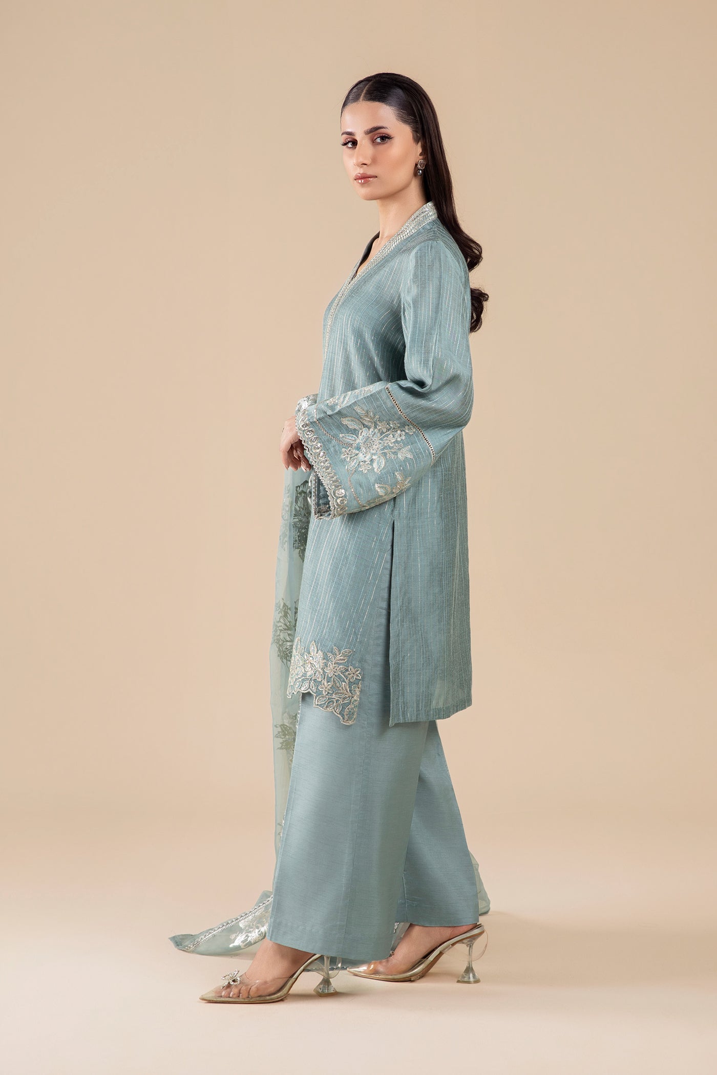 3 Pc Embroidered Two Tone Lurex Silk Suit