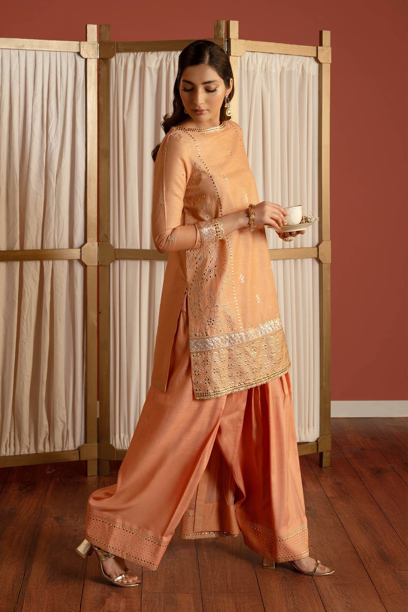 3 Pc Embellished Lurex Pinstripe Suit