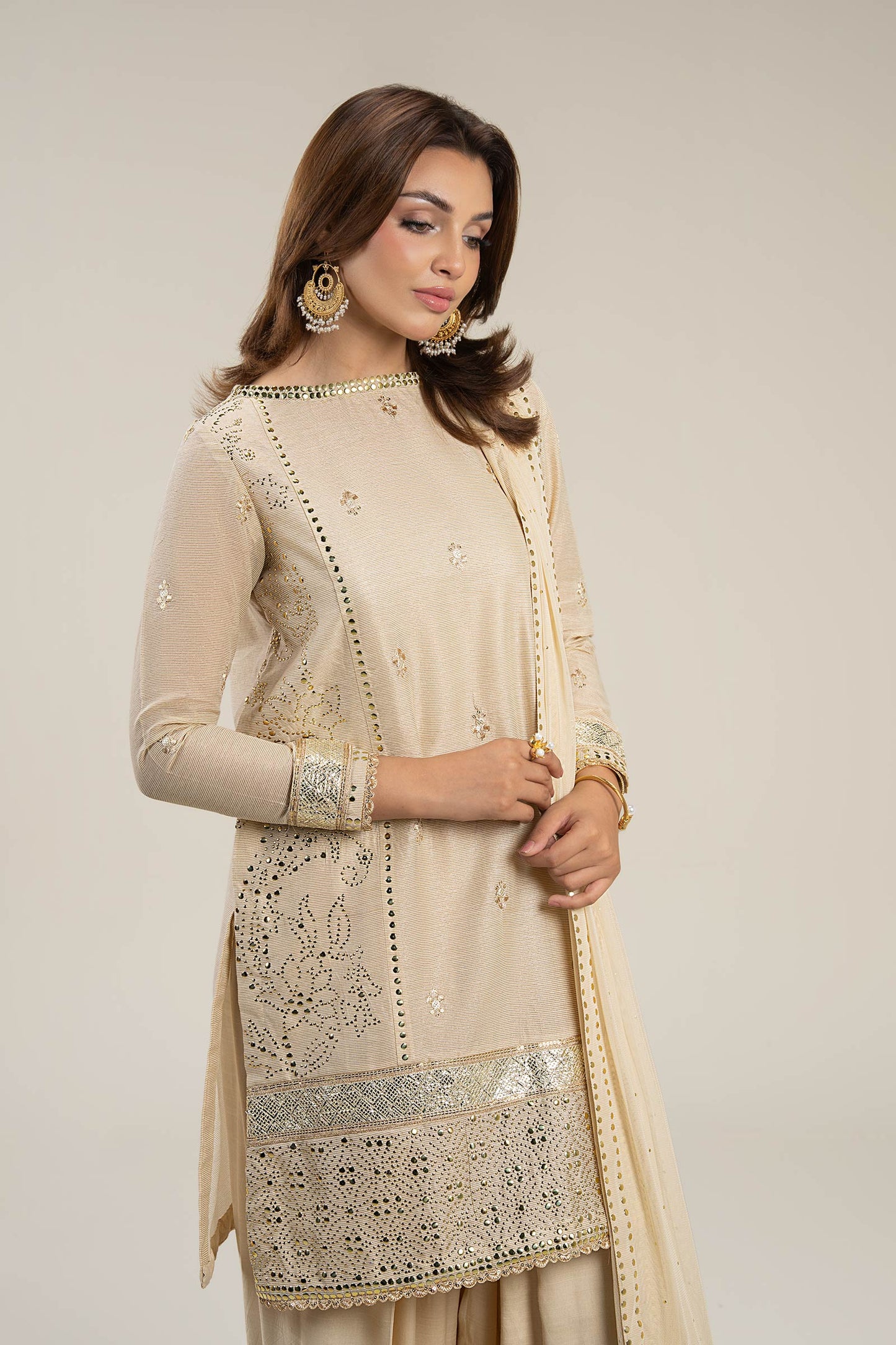 3 Pc Embellished Lurex Pinstripe Suit