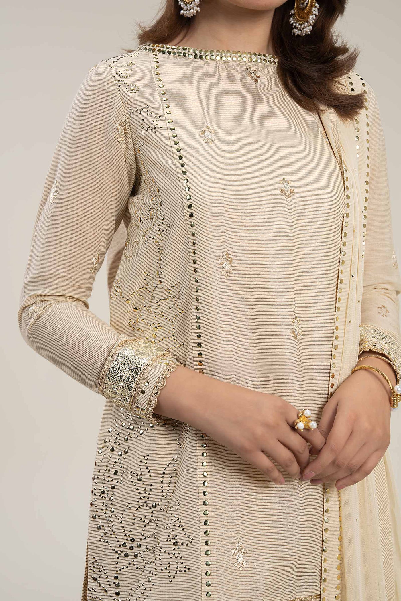 3 Pc Embellished Lurex Pinstripe Suit | MB-FS25-29-B