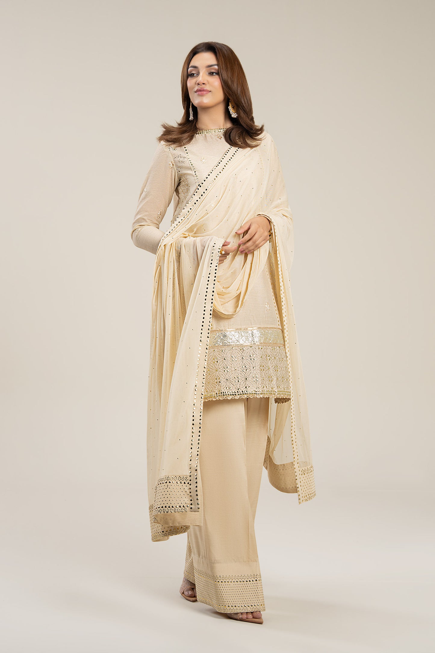 3 Pc Embellished Lurex Pinstripe Suit