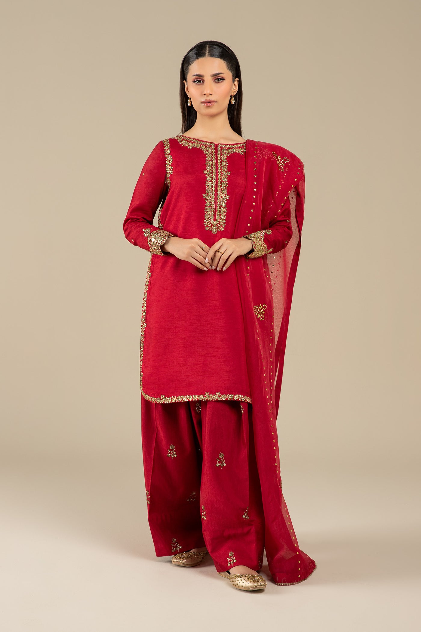 3 Pc Embroidered Raw Silk Suit