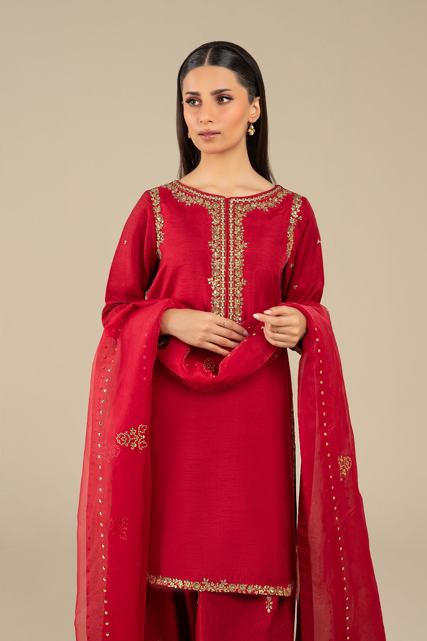 3 Pc Embroidered Raw Silk Suit