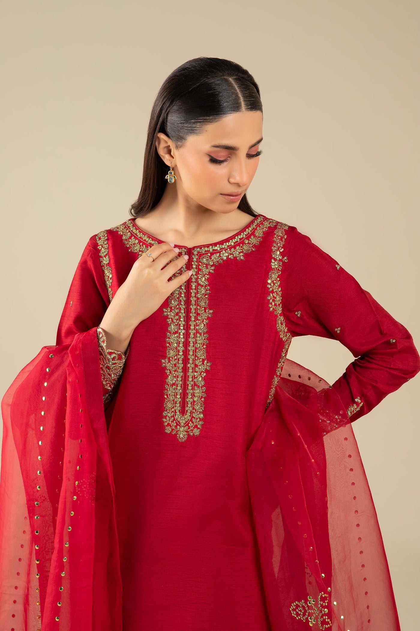 3 Pc Embroidered Raw Silk Suit