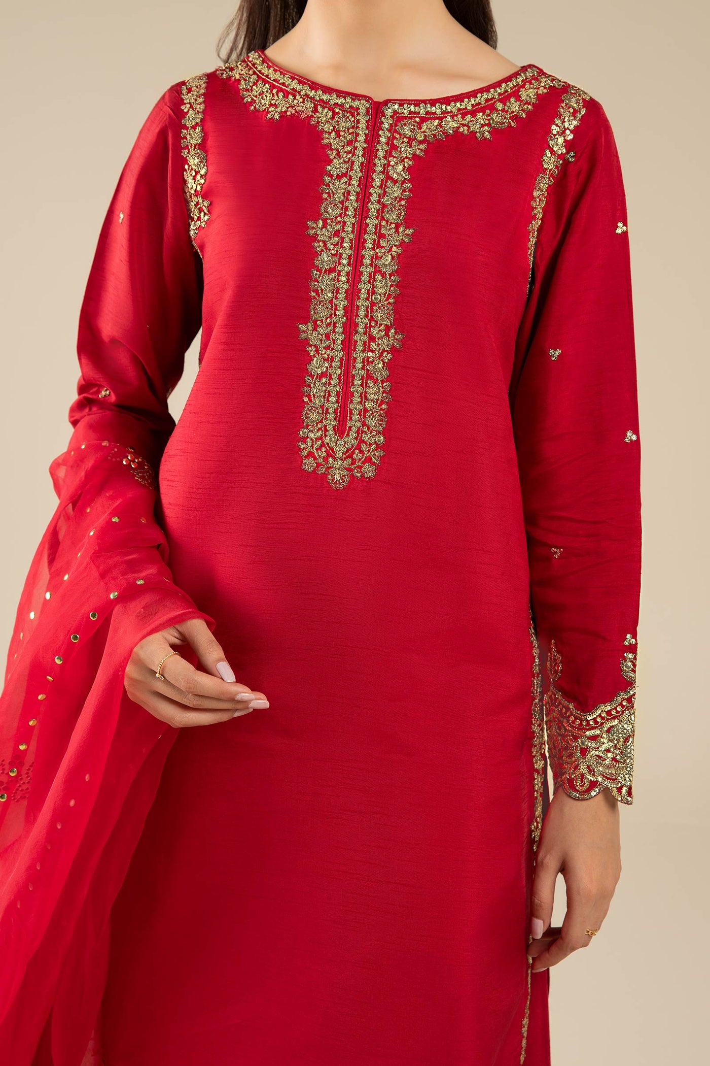 3 Pc Embroidered Raw Silk Suit