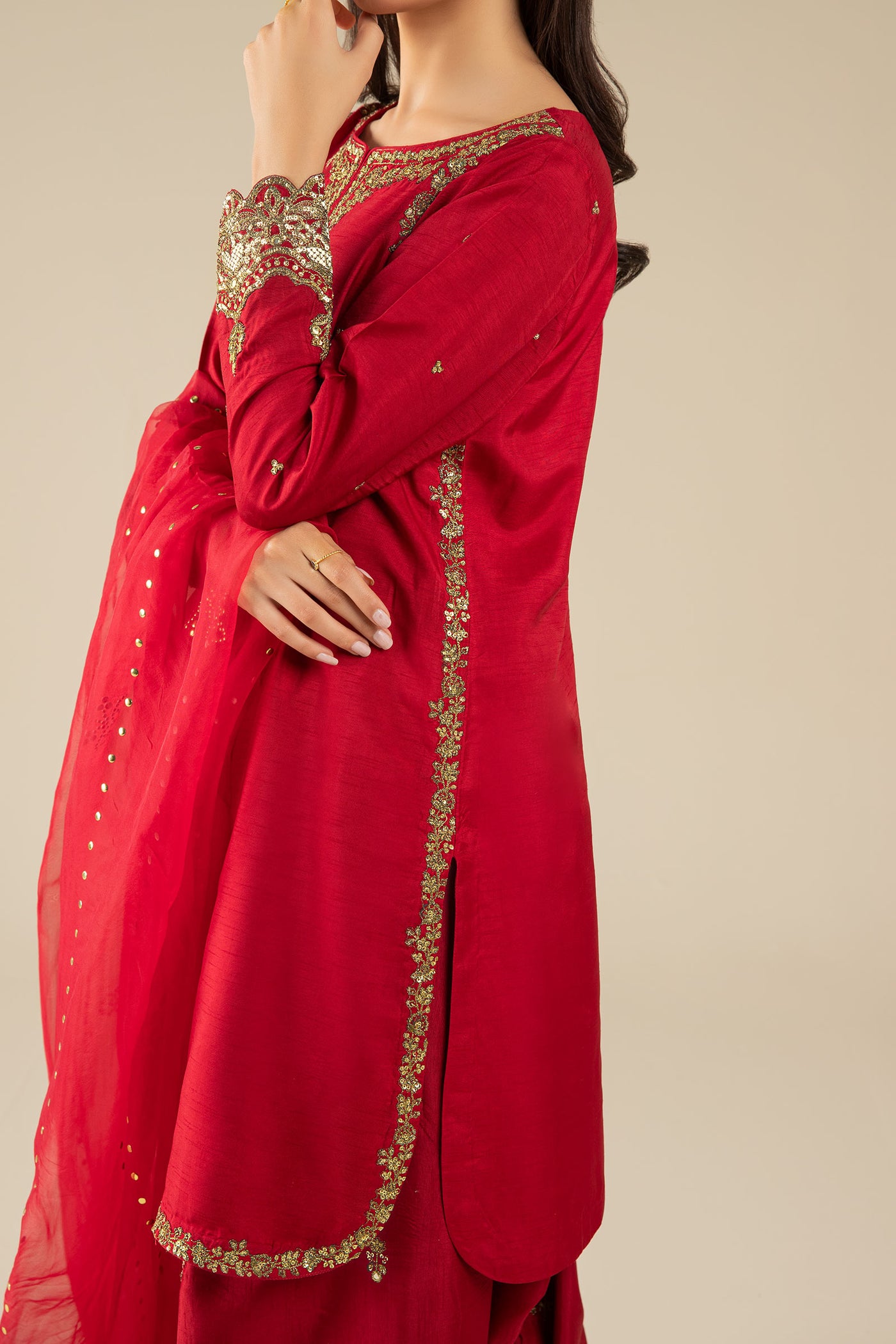 3 Pc Embroidered Raw Silk Suit