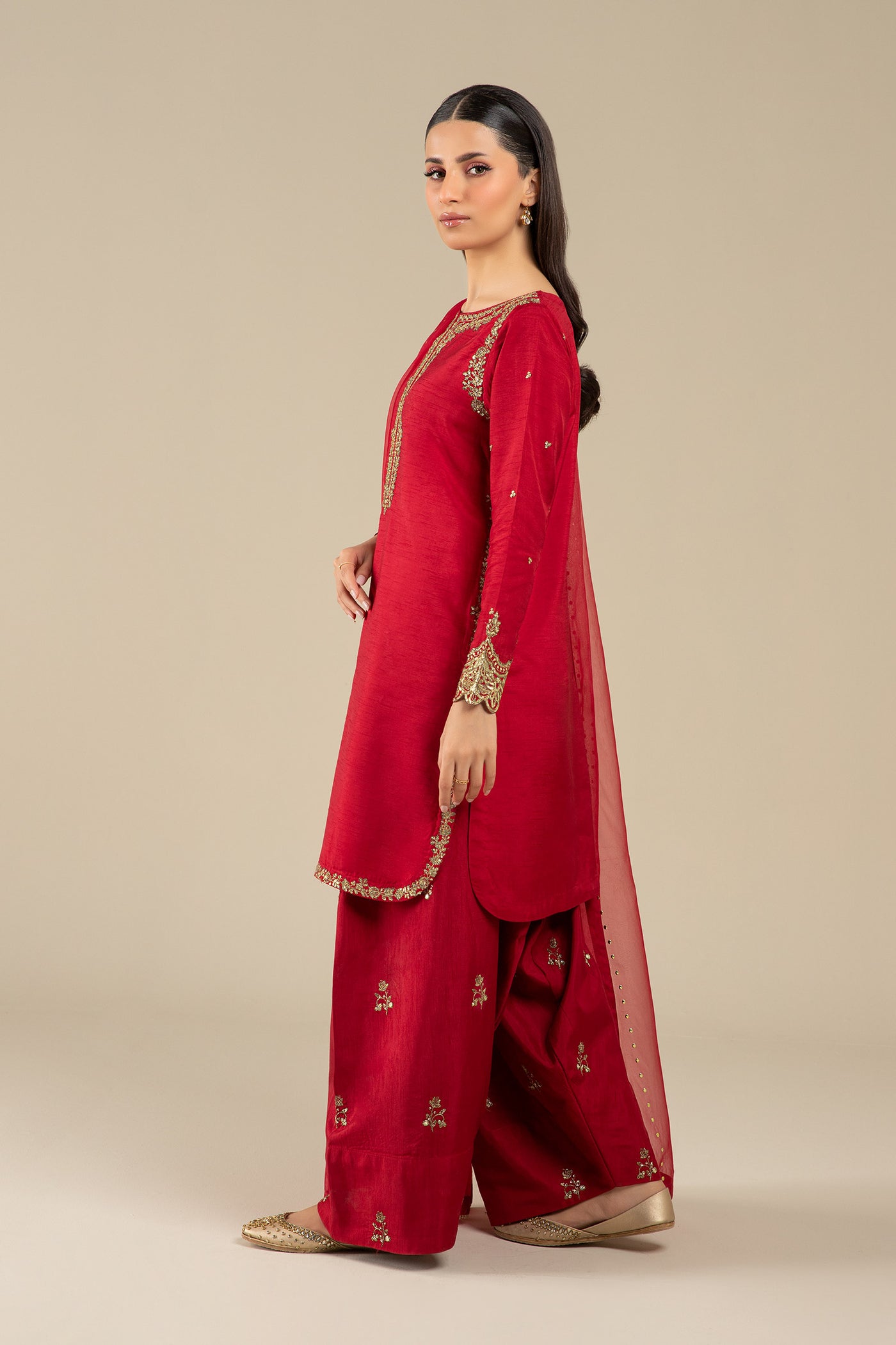 3 Pc Embroidered Raw Silk Suit