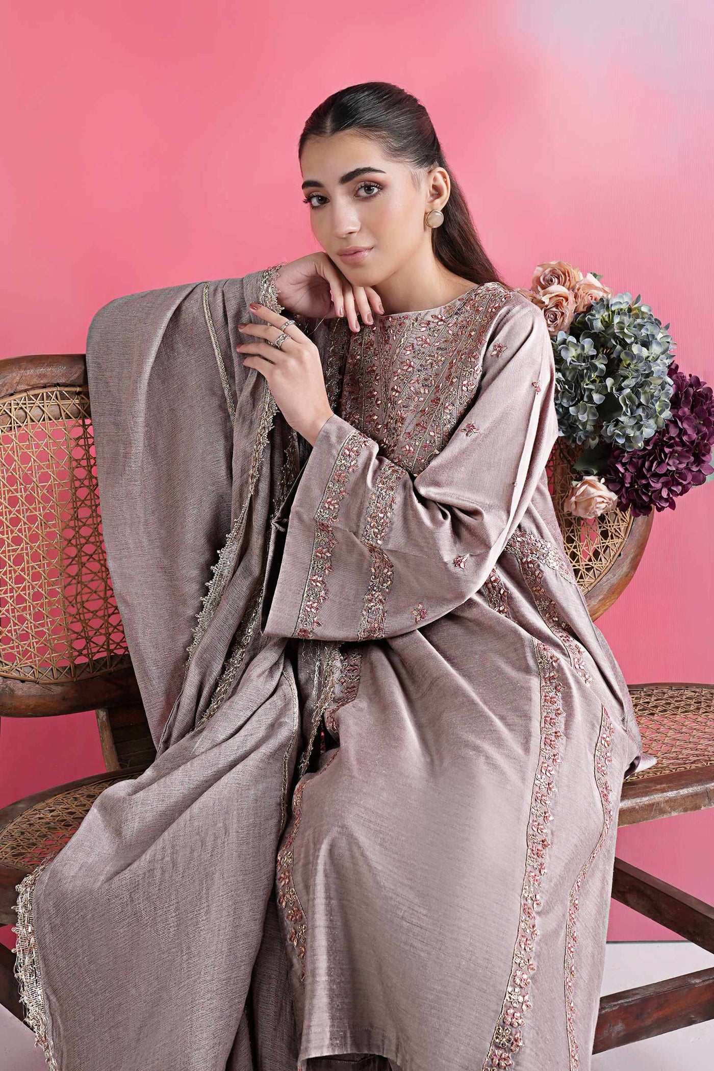 3 Pc Embroidered Two Tone Silk Suit