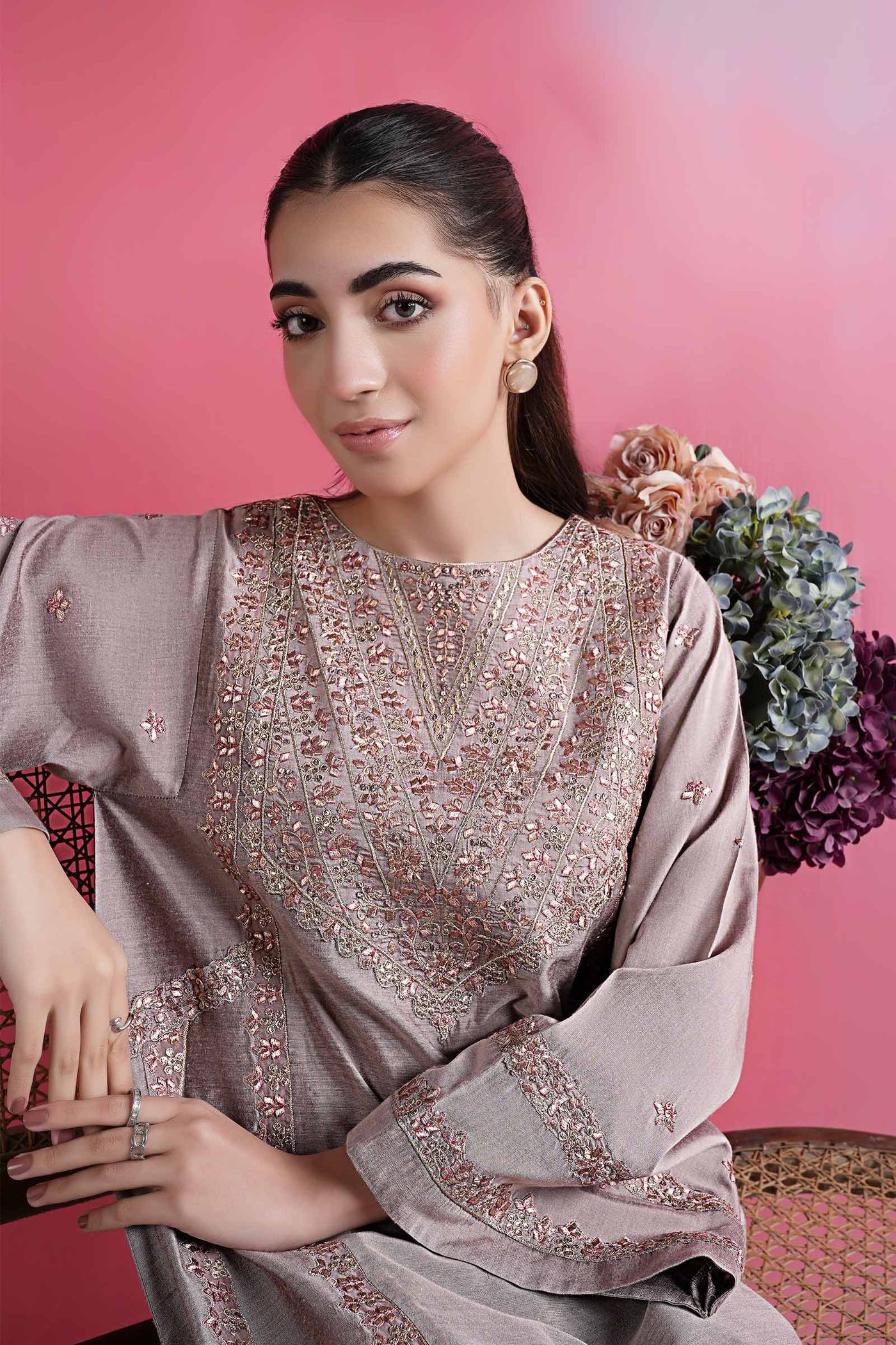 3 Pc Embroidered Two Tone Silk Suit