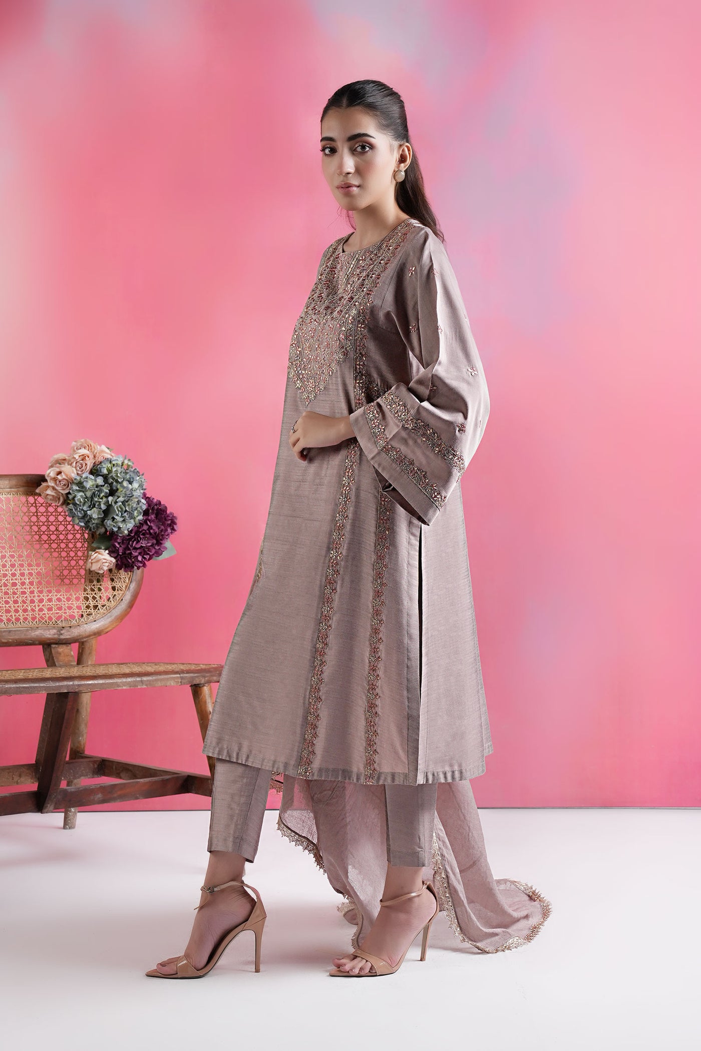 3 Pc Embroidered Two Tone Silk Suit